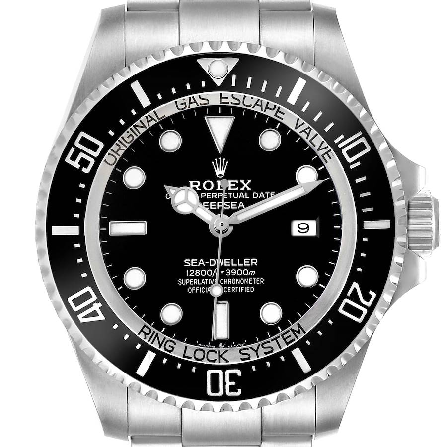 The Rolex Sea-Dweller 126660 Men's Stainless Steel Black Dial watch is shown from the front, highlighting its bezel, dial, hands, and date window.