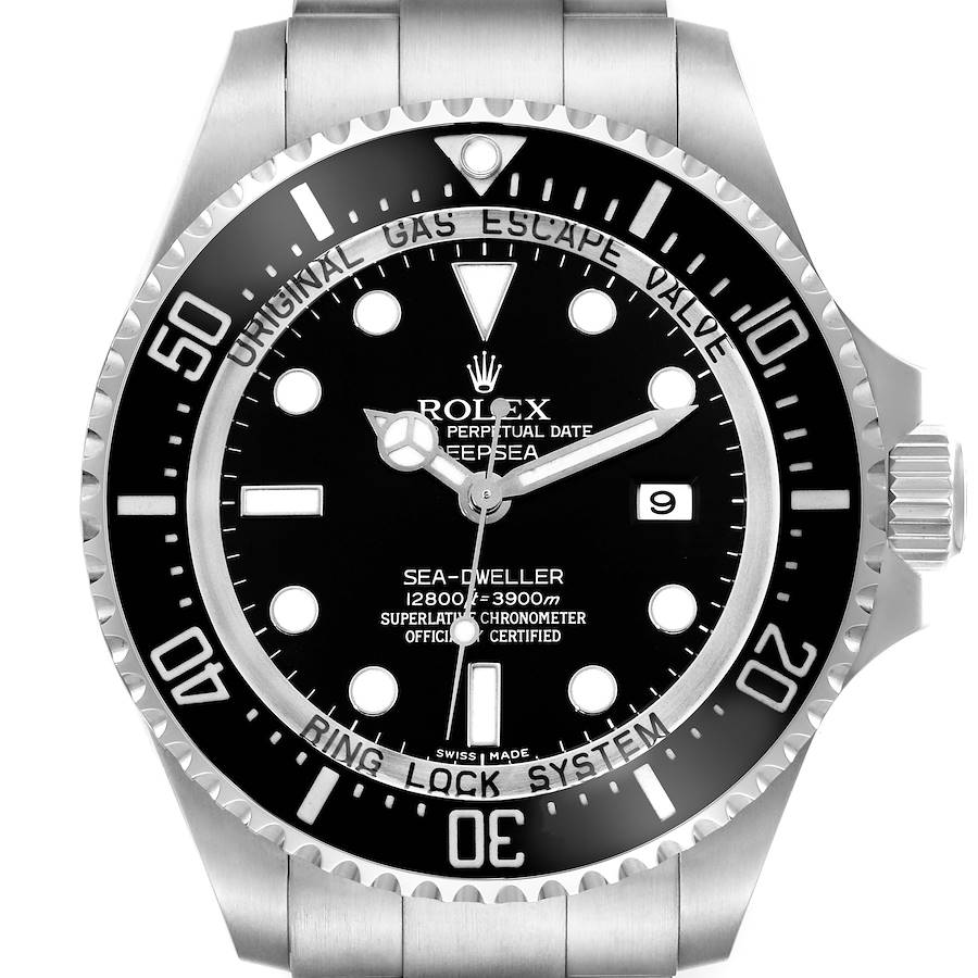 The Rolex Sea-Dweller watch is shown from a front angle, displaying the face, bezel, and part of the bracelet.