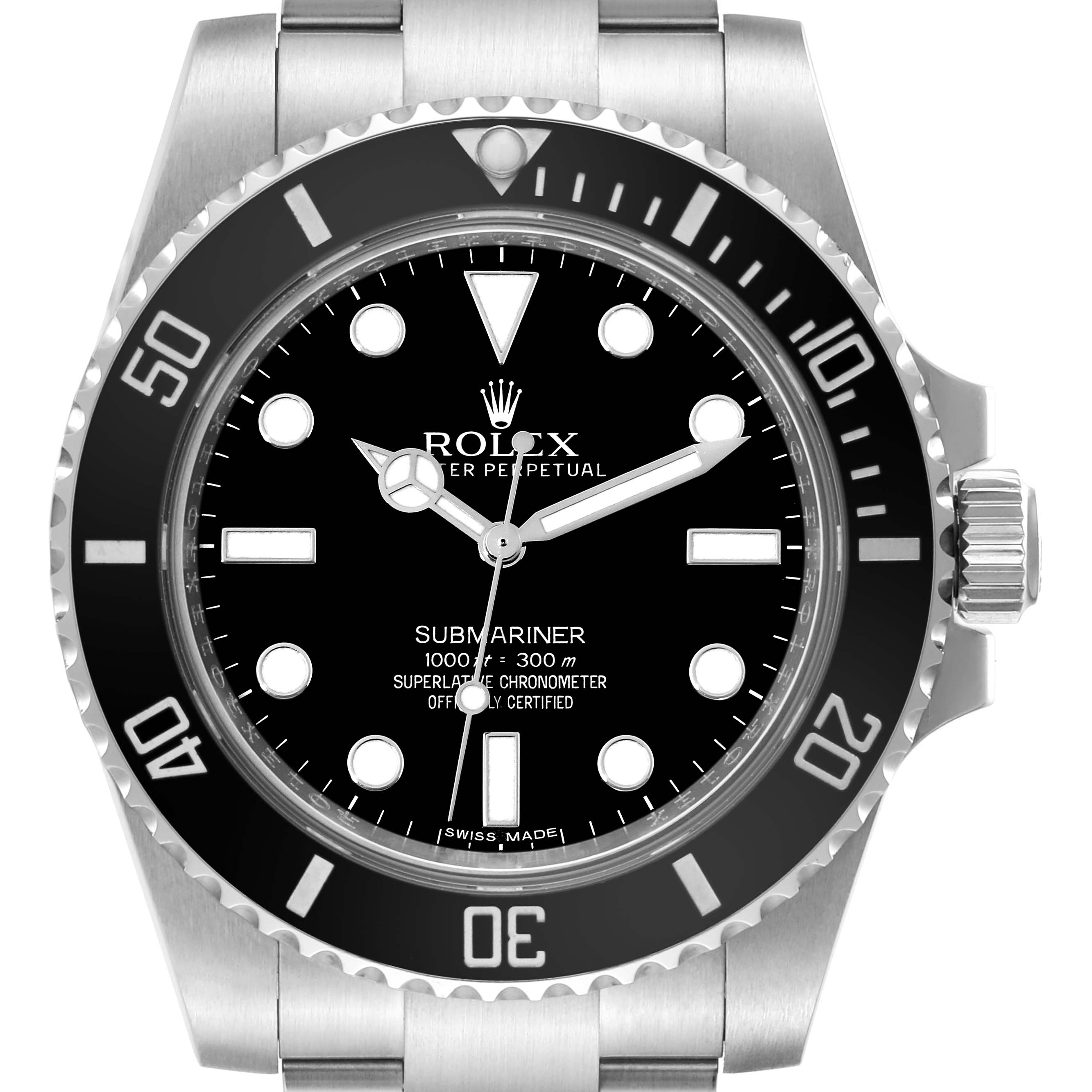 This image shows a front view of the Rolex Submariner 114060 Men's Stainless Steel Black Dial 114060 Men's Stainless Steel Black Dial watch, highlighting its dial, bezel, and bracelet.
