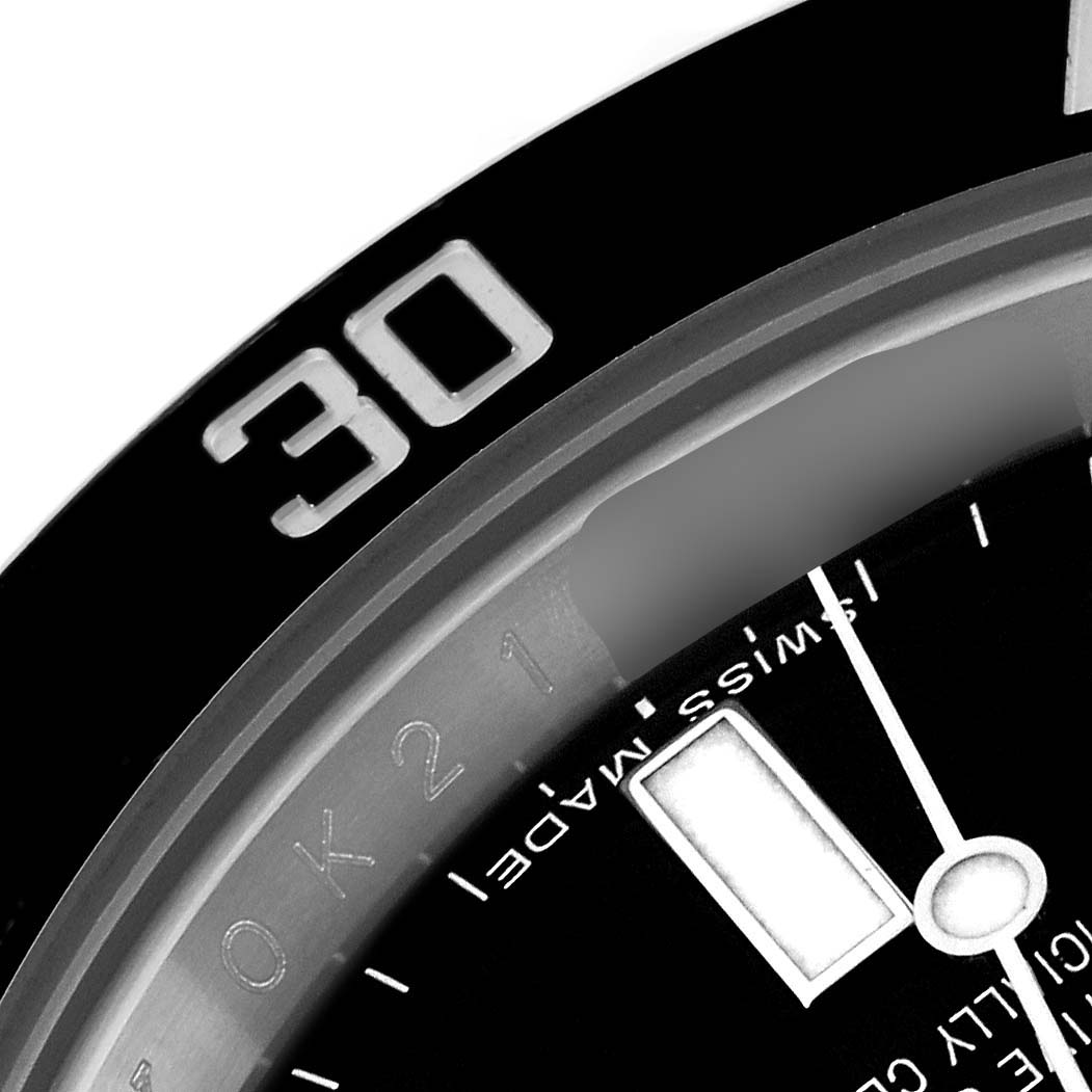 The image shows a close-up of the bezel and part of the dial of a Rolex Submariner 114060 Men's Stainless Steel Black Dial 114060 Men's Stainless Steel Black Dial, highlighting the "30" mark and "Swiss Made" text.