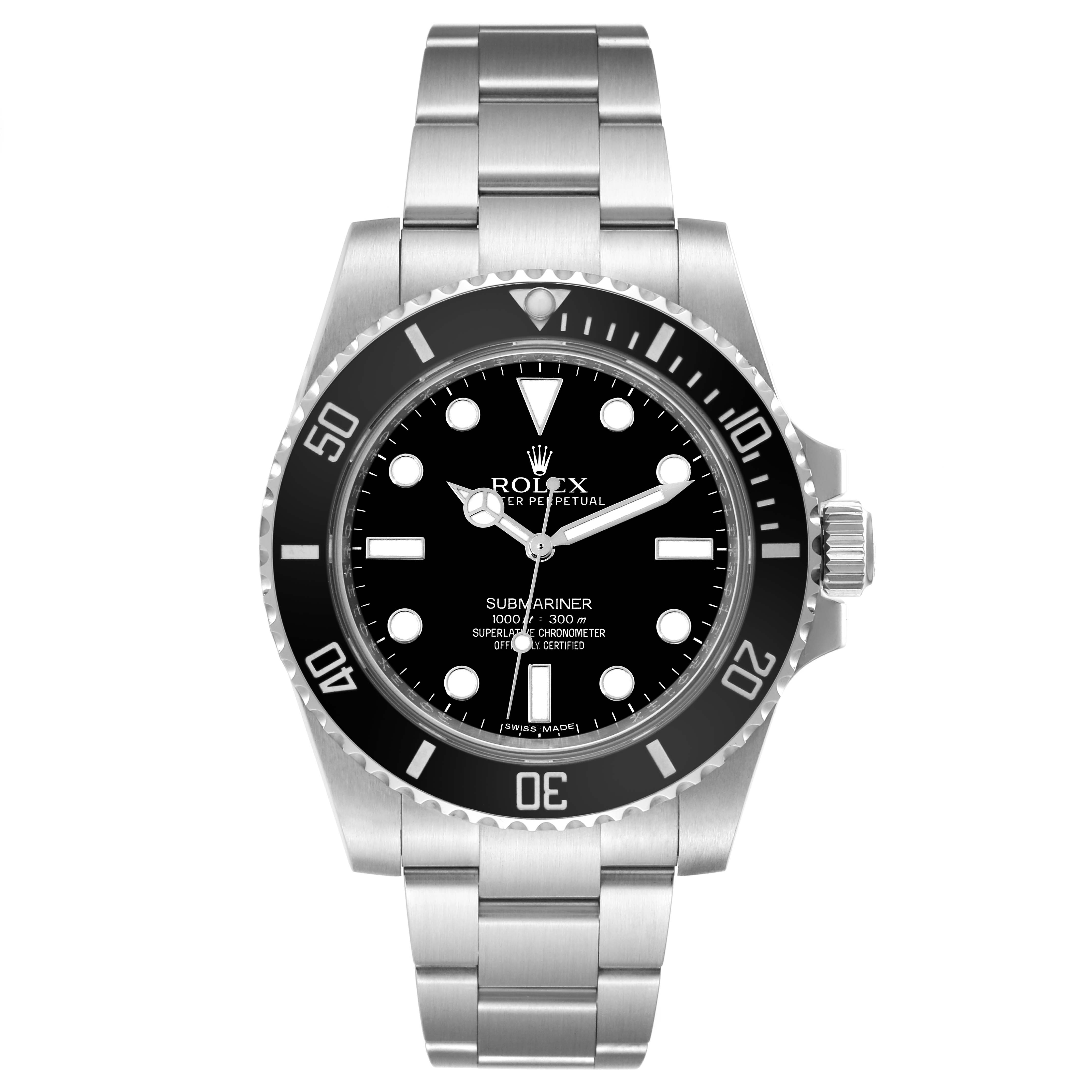 This image shows a front view of a Rolex Submariner 114060 Men's Stainless Steel Black Dial 114060 Men's Stainless Steel Black Dial watch, displaying the face, bezel, crown, and bracelet.