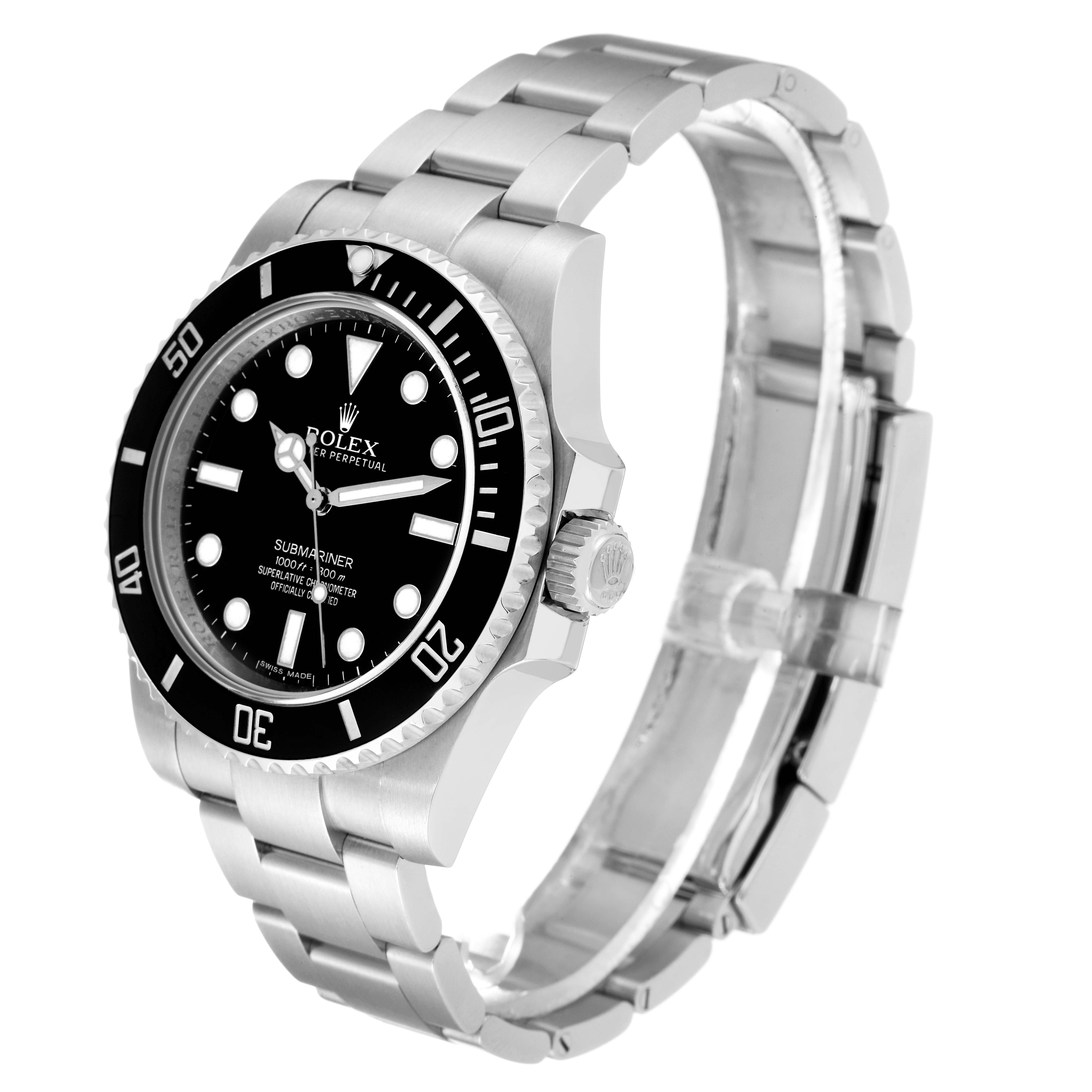 The image shows a Rolex Submariner 114060 Men's Stainless Steel Black Dial 114060 Men's Stainless Steel Black Dial watch from a three-quarter angle, highlighting its dial, bezel, case, crown, and bracelet.