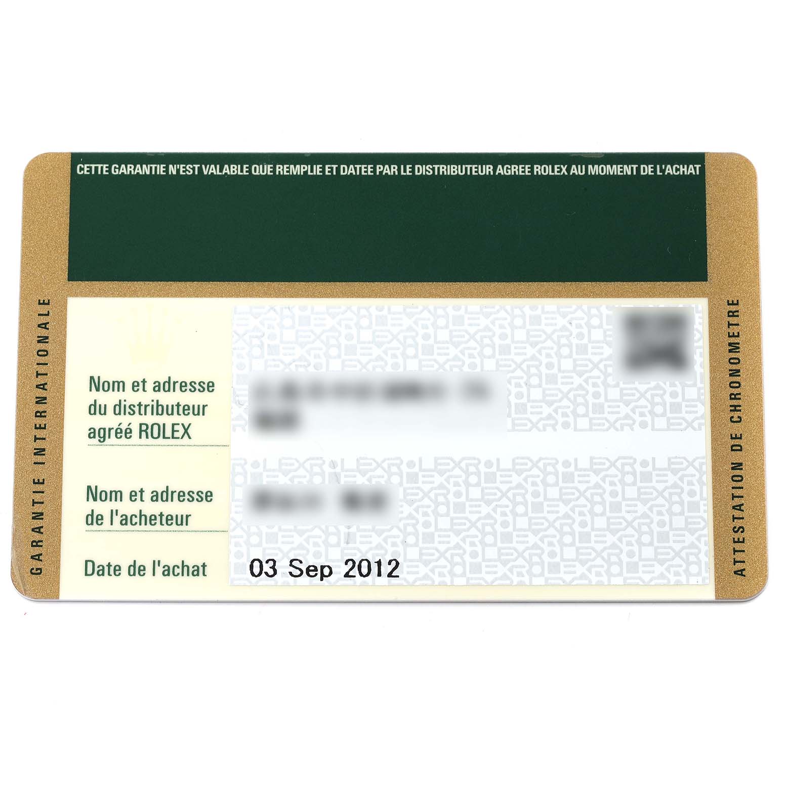 The image shows a warranty card for a Rolex Submariner 114060 Men's Stainless Steel Black Dial 114060 Men's Stainless Steel Black Dial, containing purchase date and authorized dealer information.