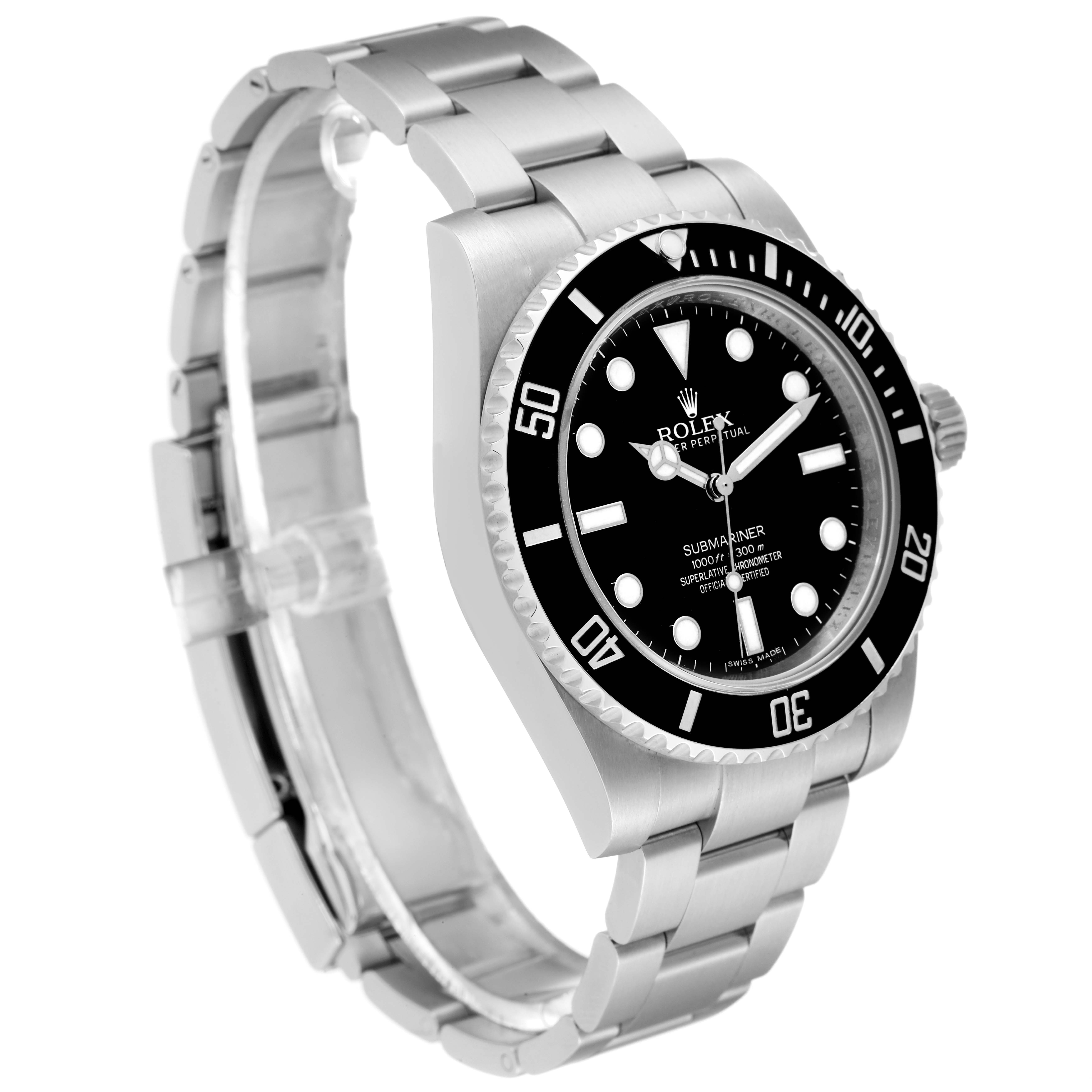 The Rolex Submariner 114060 Men's Stainless Steel Black Dial 114060 Men's Stainless Steel Black Dial watch is shown at a three-quarter angle, highlighting its bezel, dial, and bracelet.
