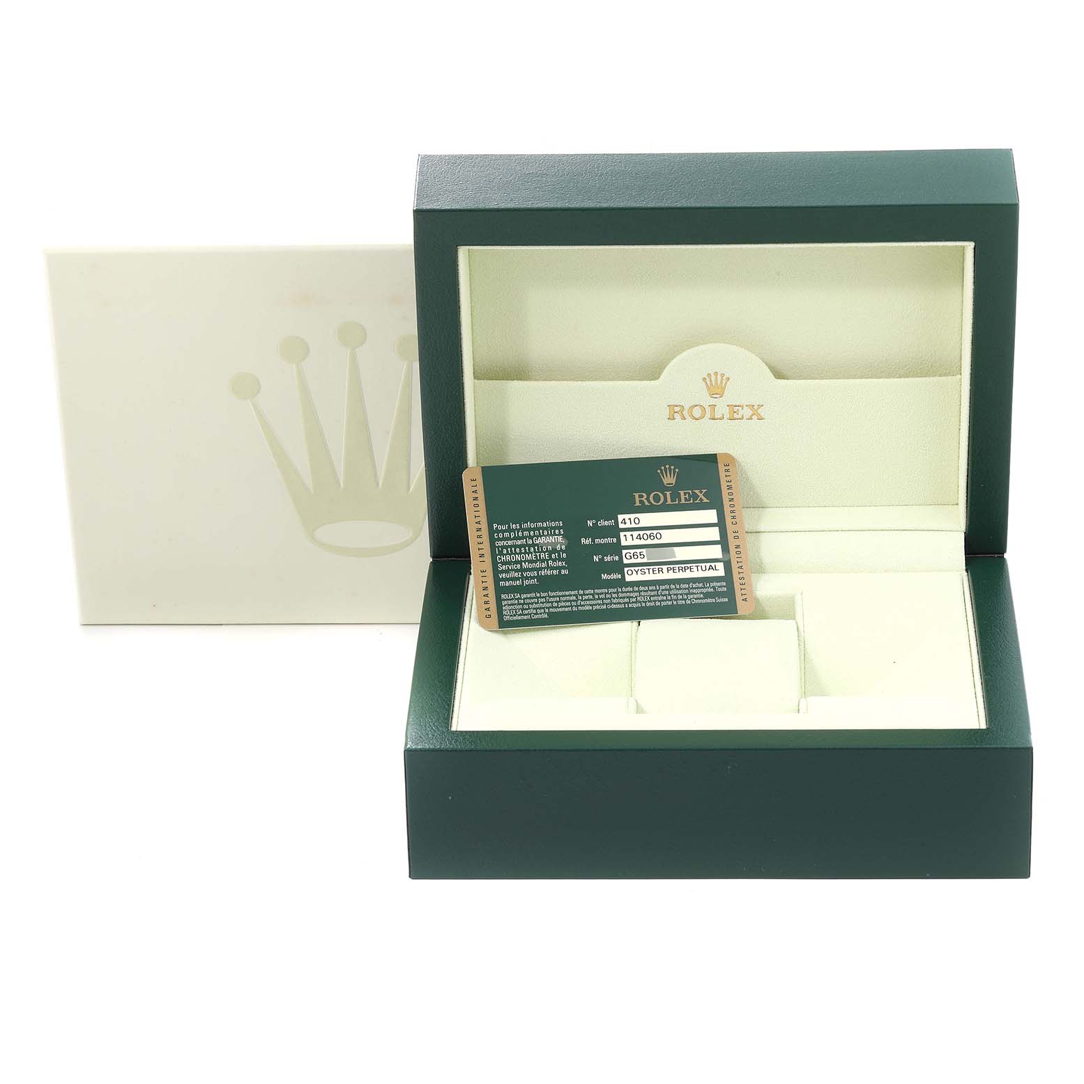 The image shows a Rolex Submariner 114060 Men
s Stainless Steel Black Dial 114060 Men
s Stainless Steel Black Dial
s packaging box with an Best Quality
ity card placed inside.