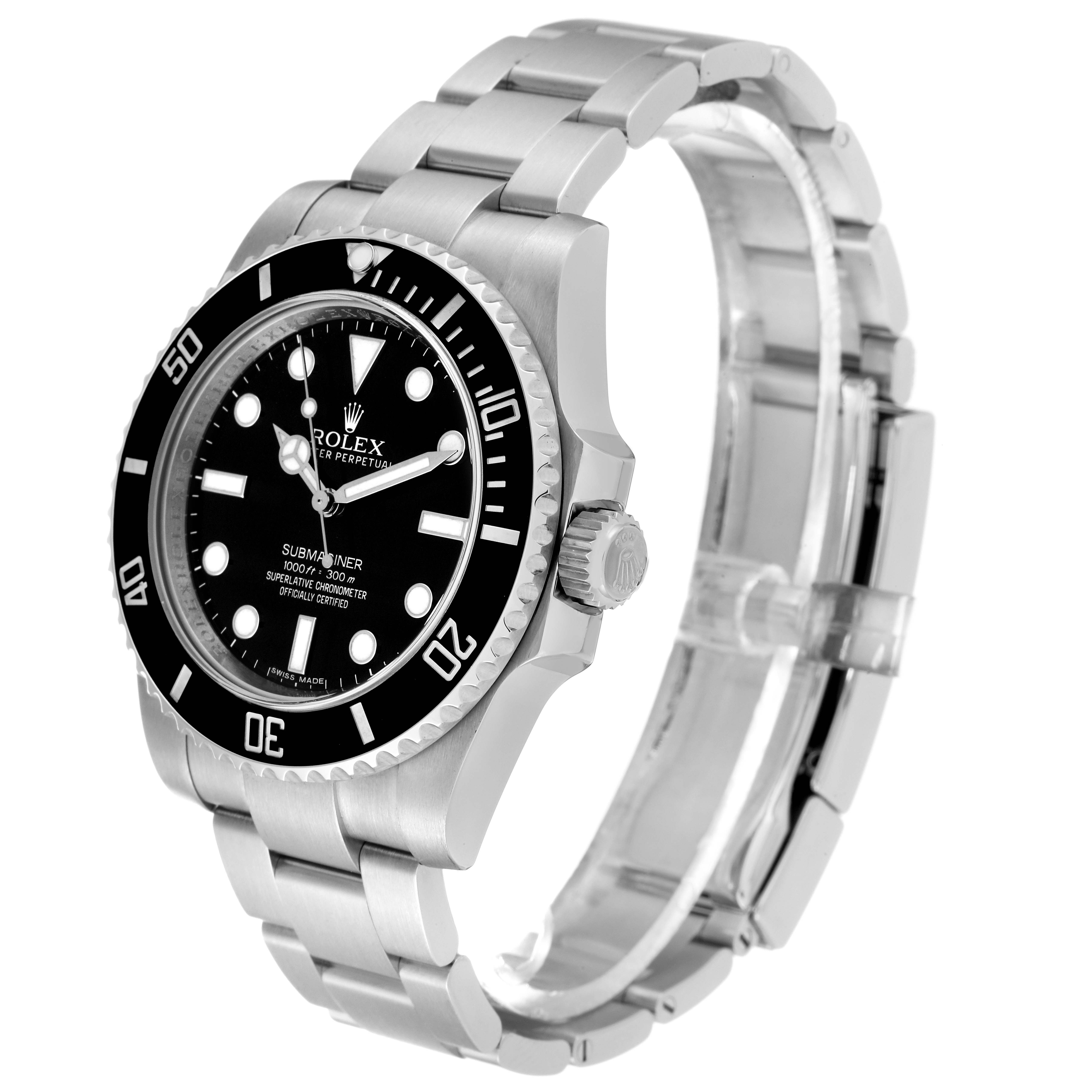 The image shows a Rolex Submariner 114060 Men
s Stainless Steel Black Dial 114060 Men
s Stainless Steel Black Dial watch at a three-quarter angle, highlighting the face, bezel, crown, and bracelet.