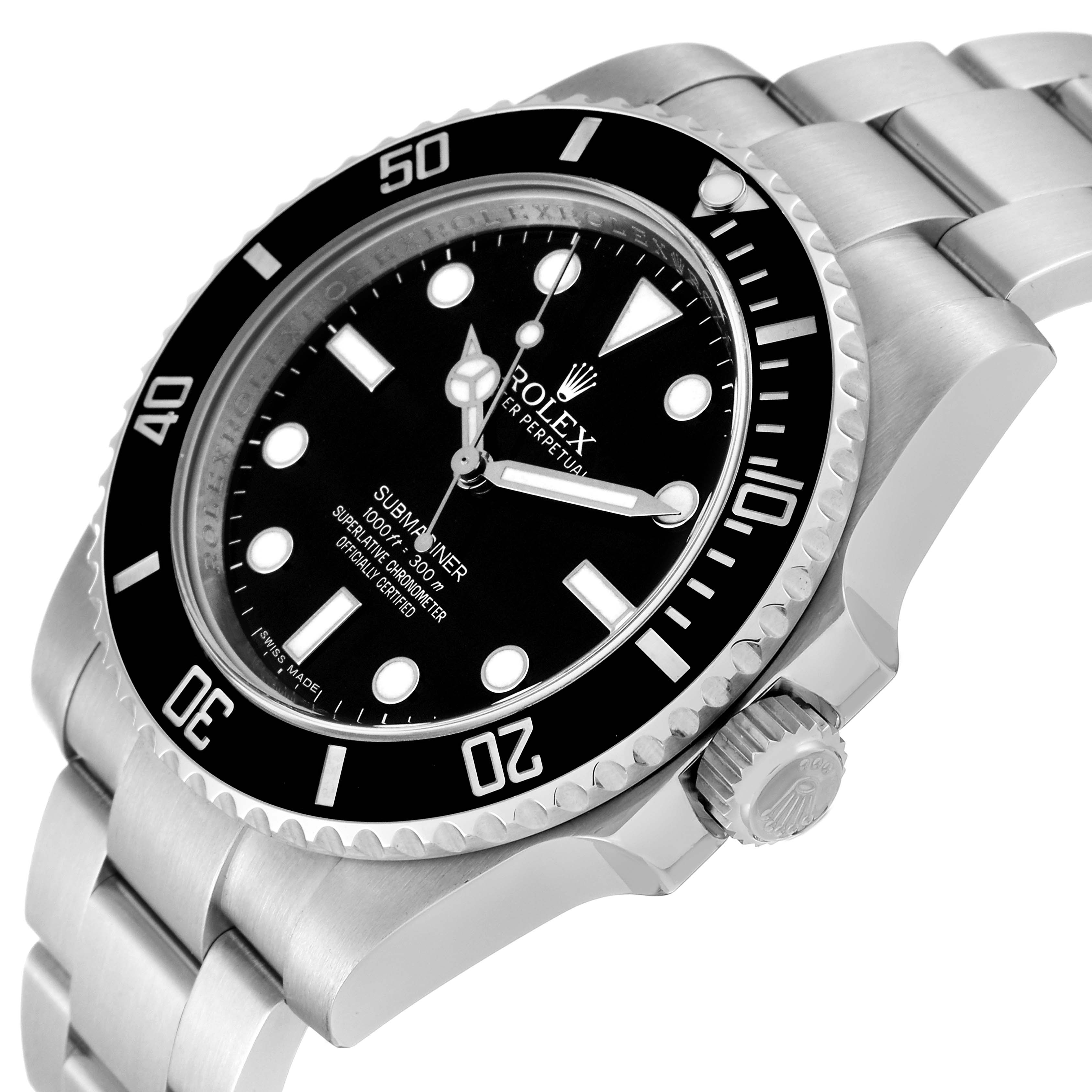 The image shows the upper and side view of a Rolex Submariner 114060 Men
s Stainless Steel Black Dial 114060 Men
s Stainless Steel Black Dial watch, featuring its bezel, dial, and bracelet.