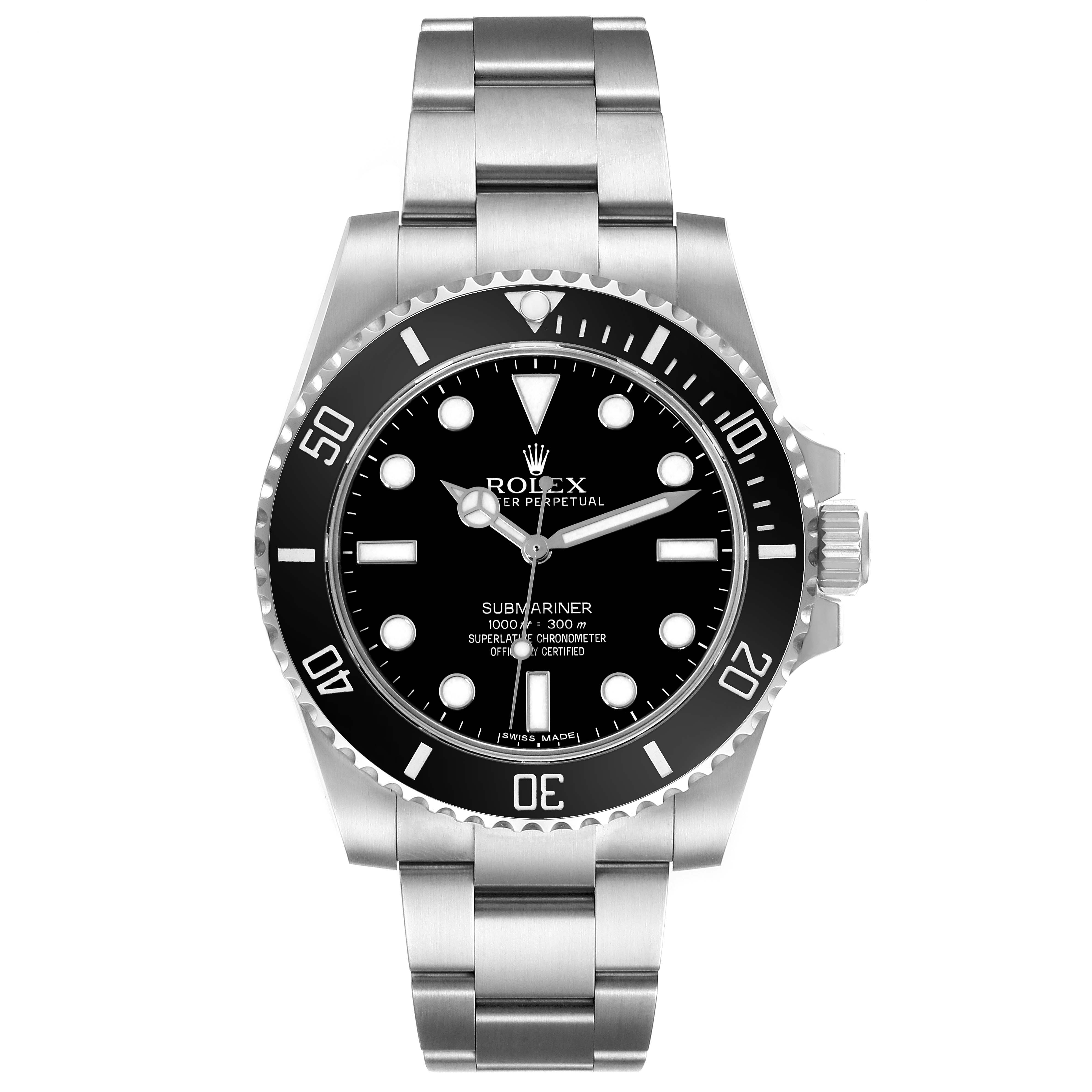 This is a frontal view of the Rolex Submariner 114060 Men
s Stainless Steel Black Dial 114060 Men
s Stainless Steel Black Dial watch, showcasing its dial, bezel, and bracelet.