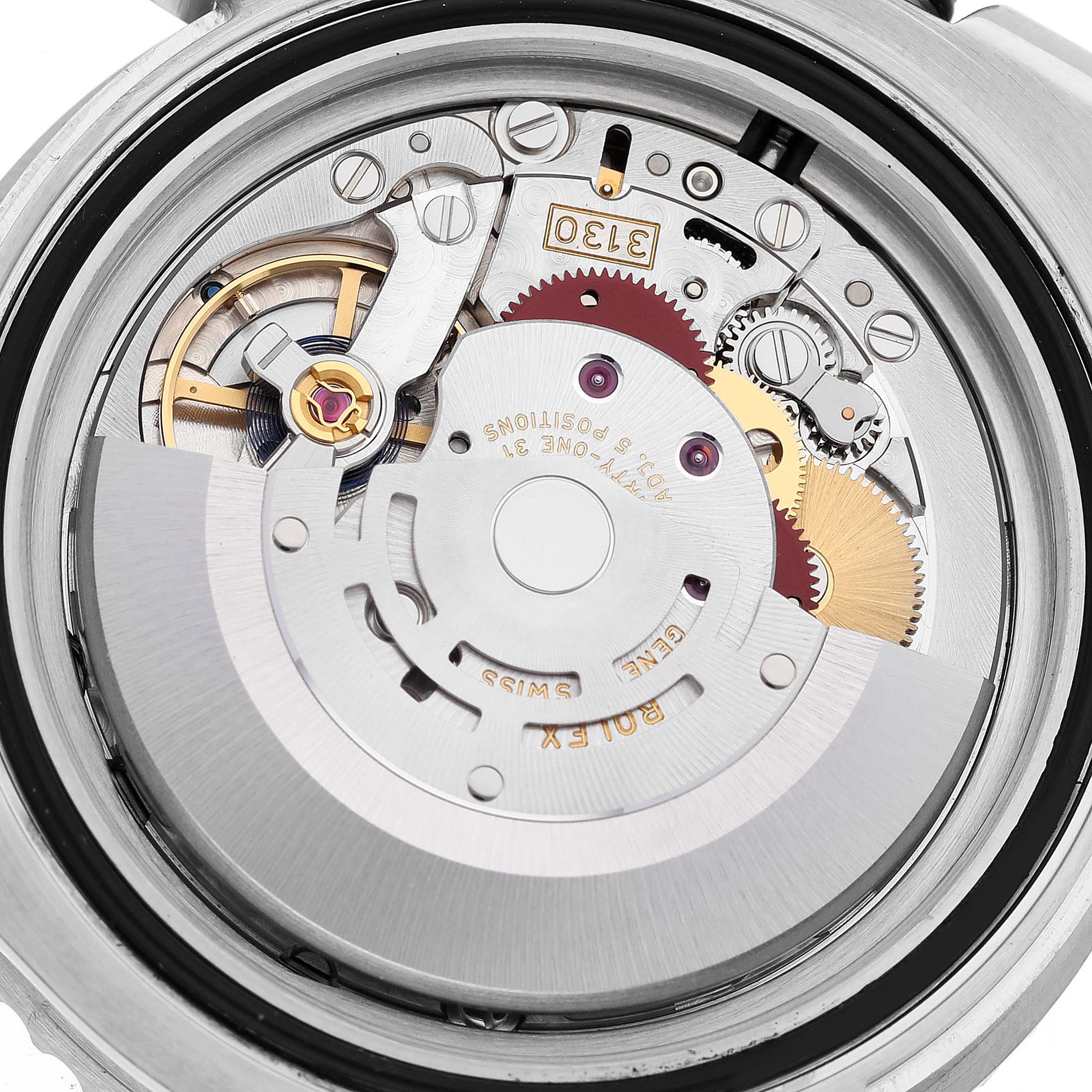 The image shows the internal movement and mechanics of a Rolex Submariner 114060 Men
s Stainless Steel Black Dial 114060 Men
s Stainless Steel Black Dial watch from a direct top-down angle.