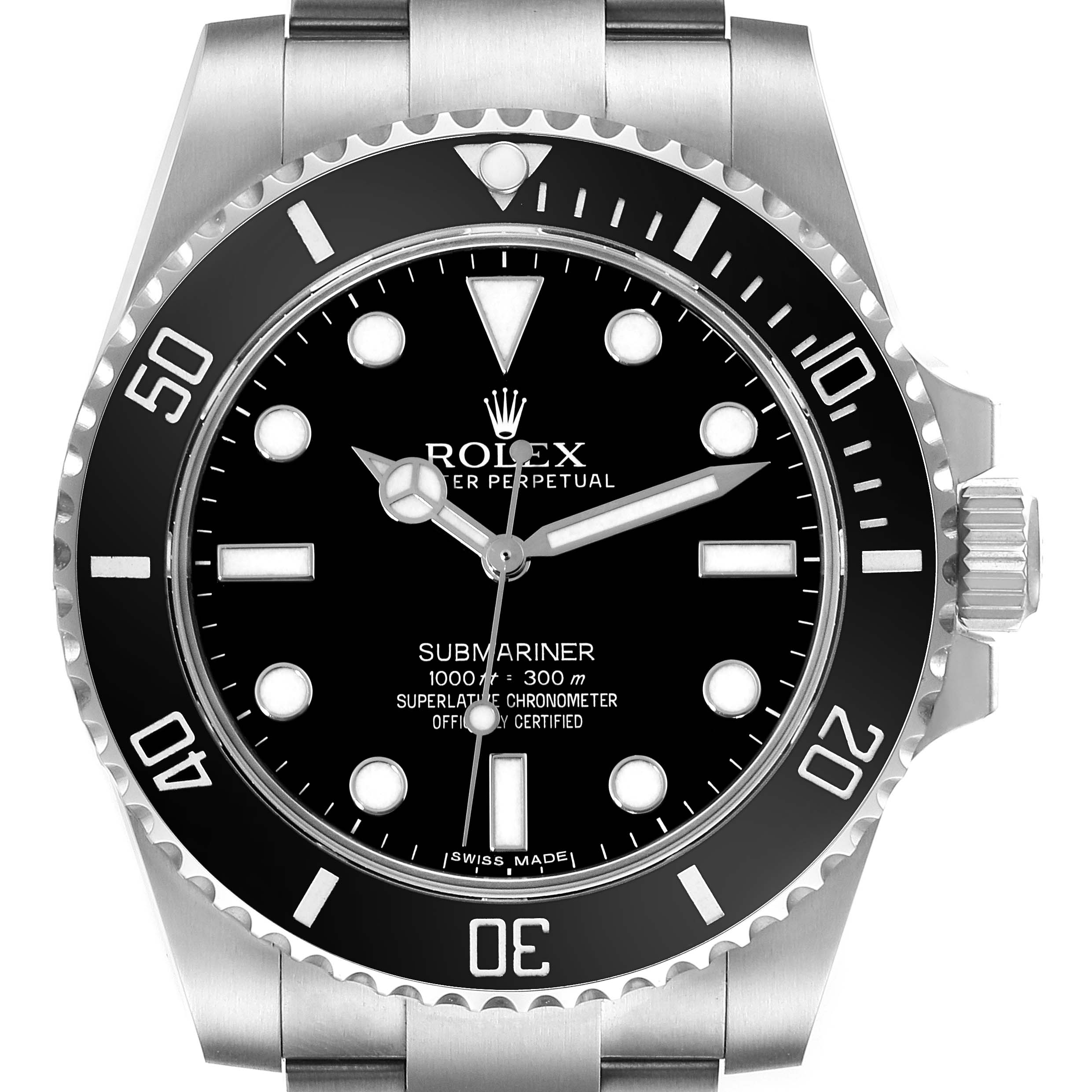 The image shows a front view of a Rolex Submariner 114060 Men
s Stainless Steel Black Dial 114060 Men
s Stainless Steel Black Dial, highlighting the dial, bezel, crown, and part of the bracelet.