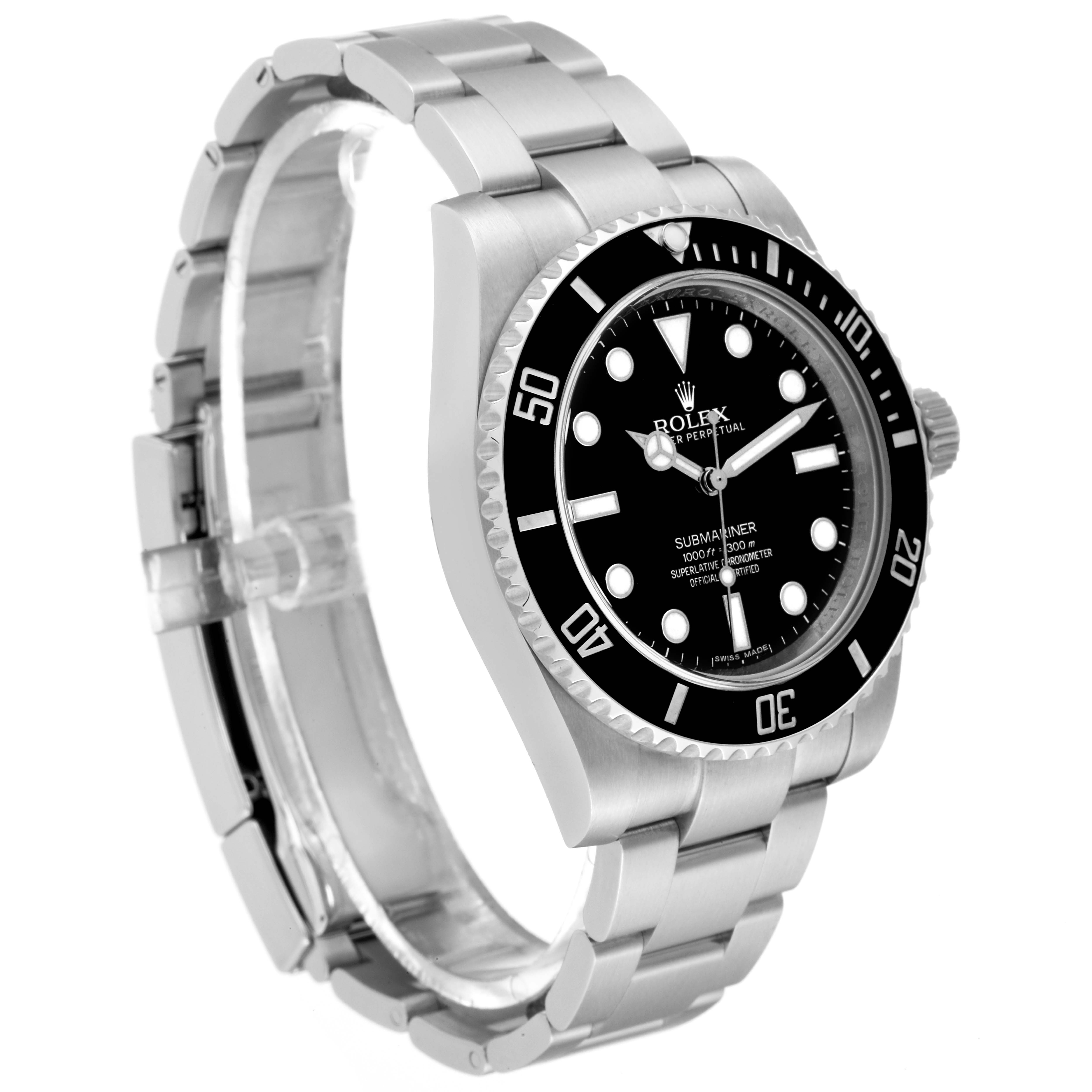 The image shows a Rolex Submariner 114060 Men
s Stainless Steel Black Dial 114060 Men
s Stainless Steel Black Dial watch at a three-quarter angle, highlighting its face, bezel, and stainless steel bracelet.