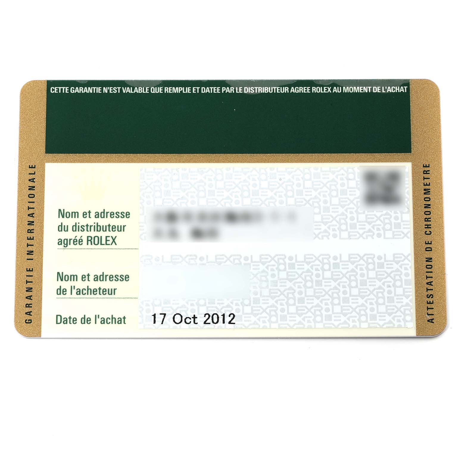 This image shows the warranty card for a Rolex Submariner 114060 Men
s Stainless Steel Black Dial 114060 Men
s Stainless Steel Black Dial, including purchase date and distributor information.