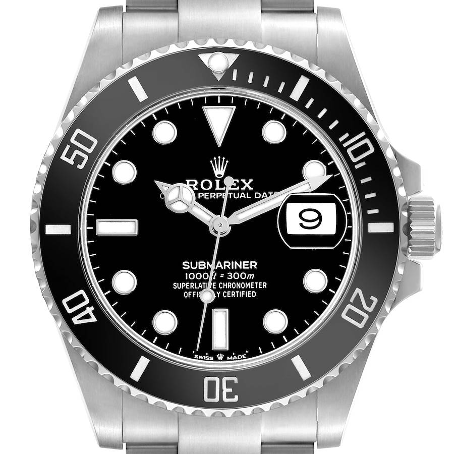 The Rolex Submariner watch is shown from a front angle, displaying the dial, bezel, crown, and bracelet.