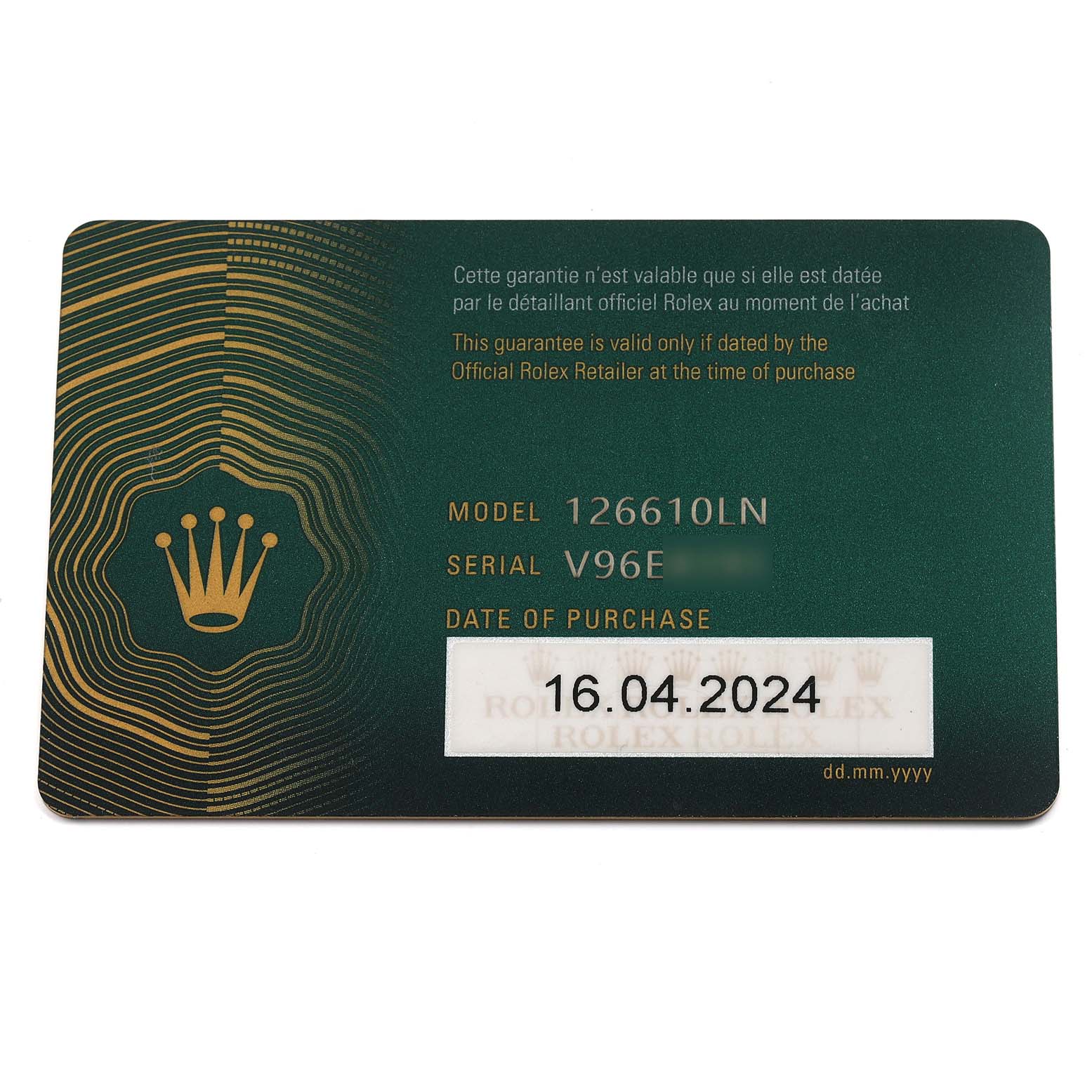 The image shows a guarantee card for the Rolex Submariner 126610LN Men
s Stainless Steel Black Dial 126610LN Men
s Stainless Steel Black Dial model 126610LN with purchase details.