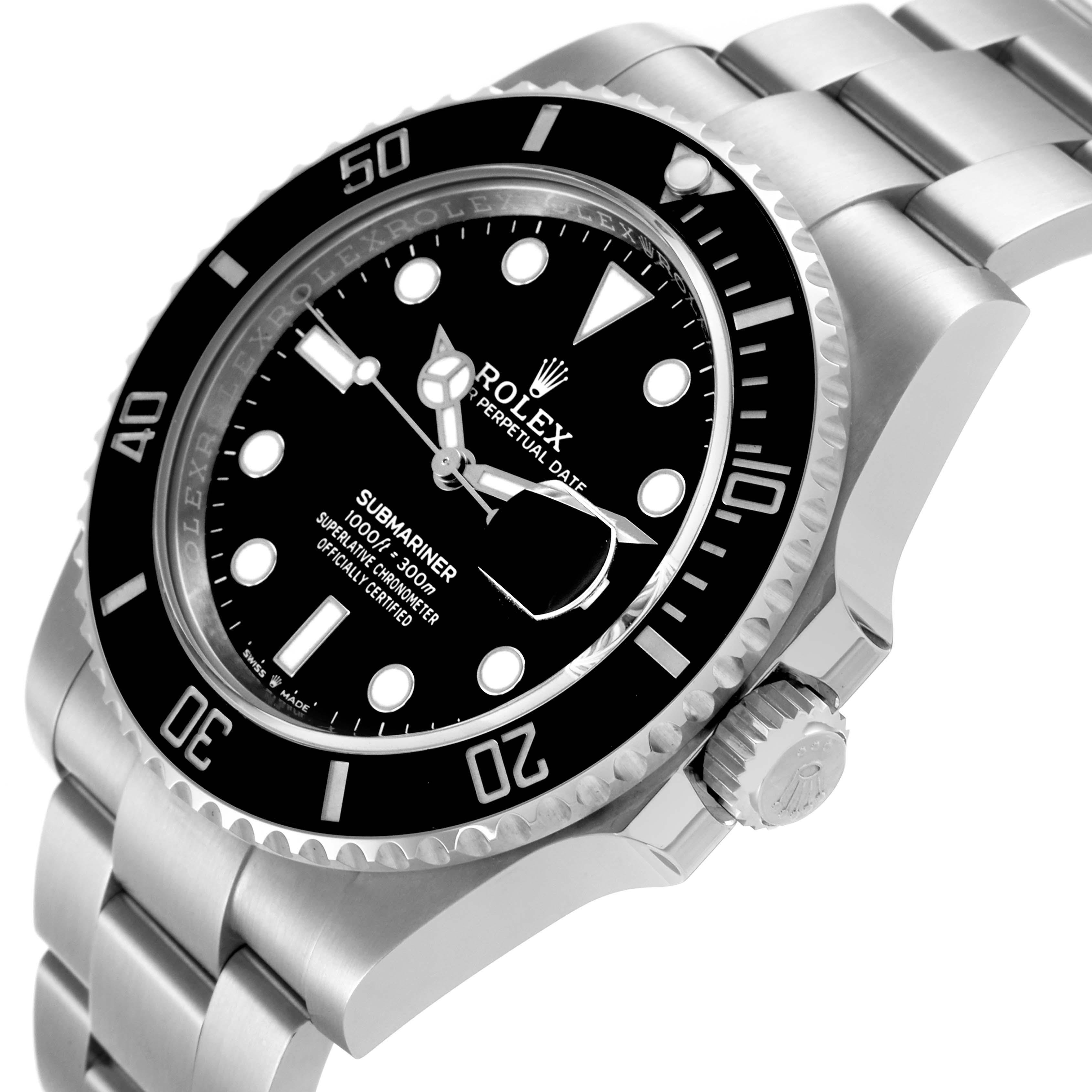 The Rolex Submariner 126610LN Men
s Stainless Steel Black Dial 126610LN Men
s Stainless Steel Black Dial watch is shown from an angled side view, highlighting the bezel, crown, dial, and bracelet.