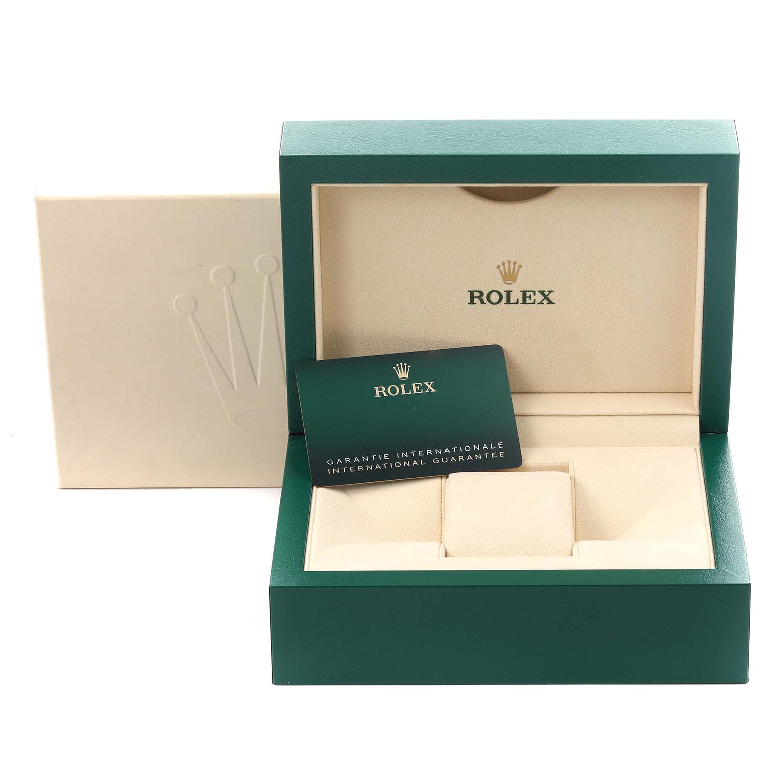 The image shows the Rolex Submariner 126610LN Men
s Stainless Steel Black Dial 126610LN Men
s Stainless Steel Black Dial box and certificate, displayed at a front angle without the watch.