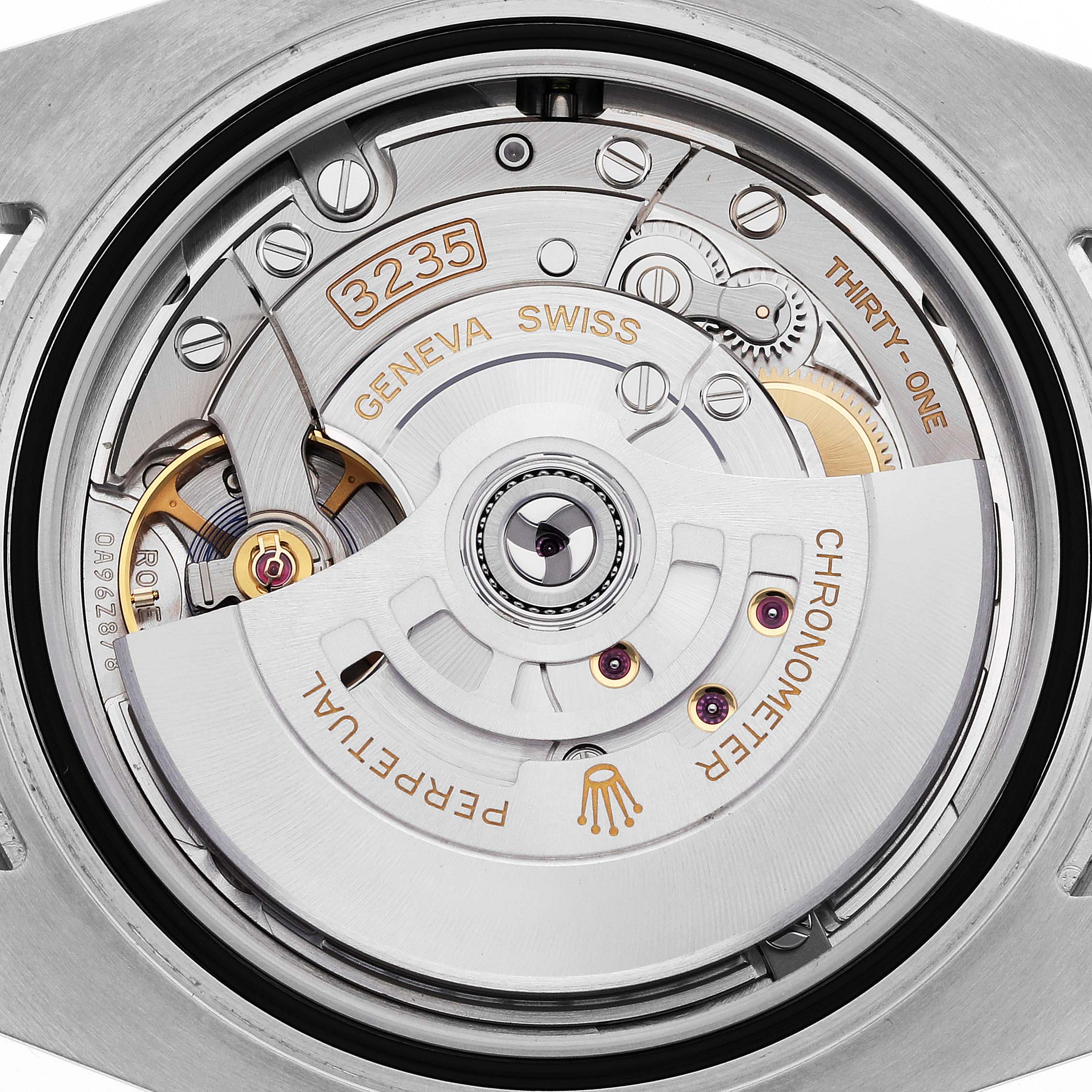 The image shows the movement mechanism of a Rolex Submariner 126610LN Men
s Stainless Steel Black Dial 126610LN Men
s Stainless Steel Black Dial watch from a top-down angle.