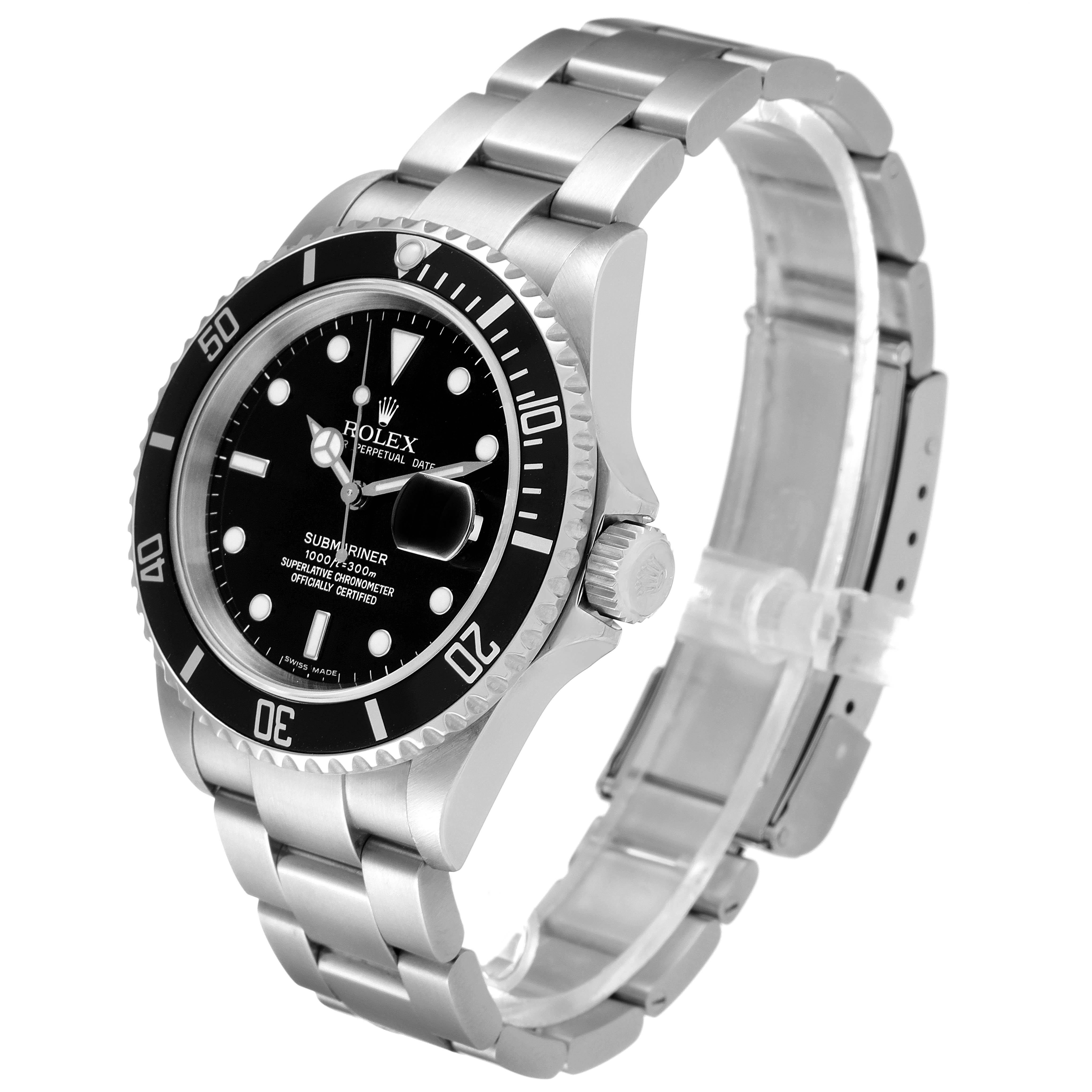The image shows a Rolex Submariner 16610 Men
s Stainless Steel Black Dial 16610 Men
s Stainless Steel Black Dial watch angled from the front-left, displaying the dial, bezel, crown, and bracelet.