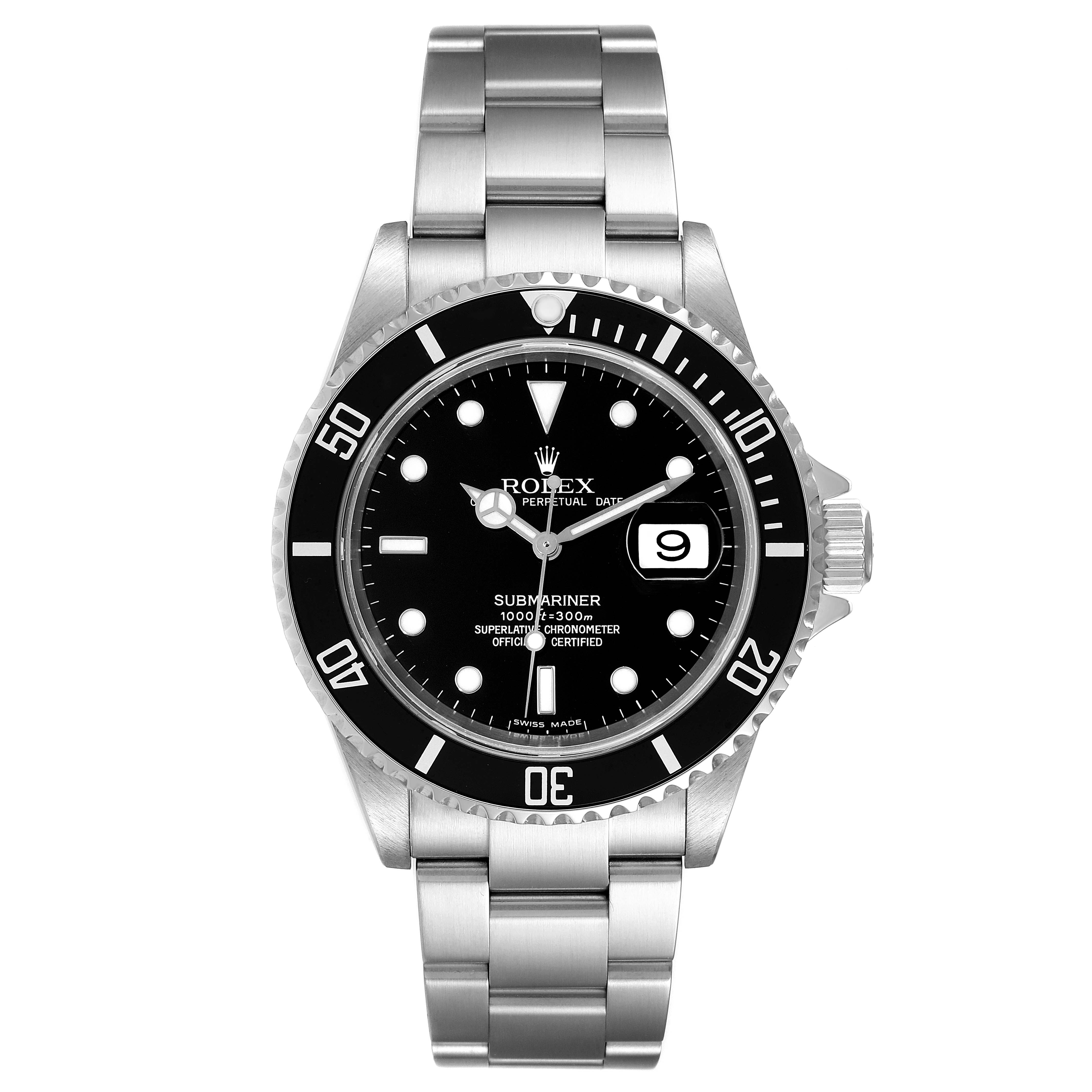 The image shows a front view of a Rolex Submariner 16610 Men
s Stainless Steel Black Dial 16610 Men
s Stainless Steel Black Dial watch, highlighting the dial, bezel, date window, case, and bracelet.