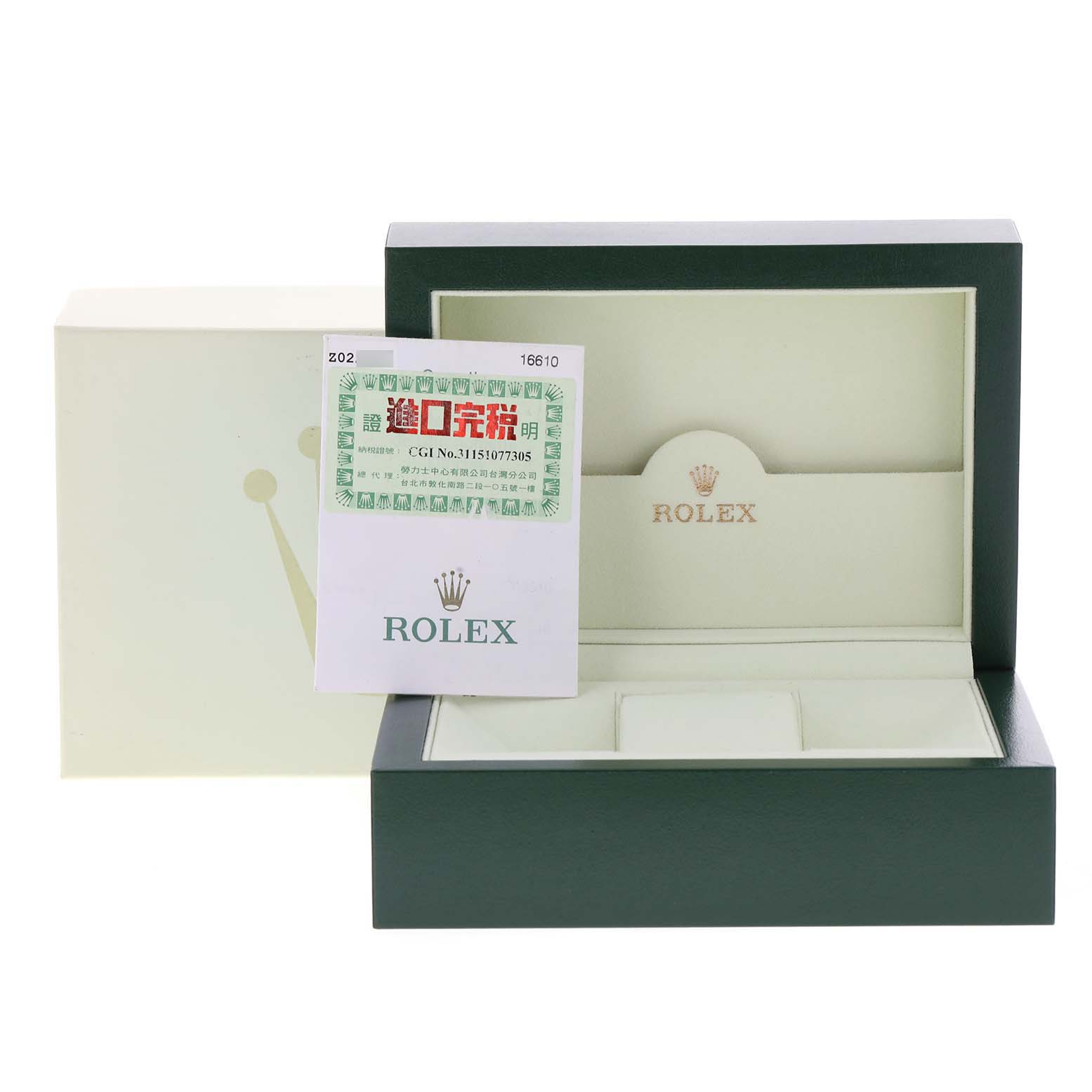 This image shows an open Rolex Submariner 16610 Men
s Stainless Steel Black Dial 16610 Men
s Stainless Steel Black Dial watch box and outer packaging, featuring the brand
s logo.