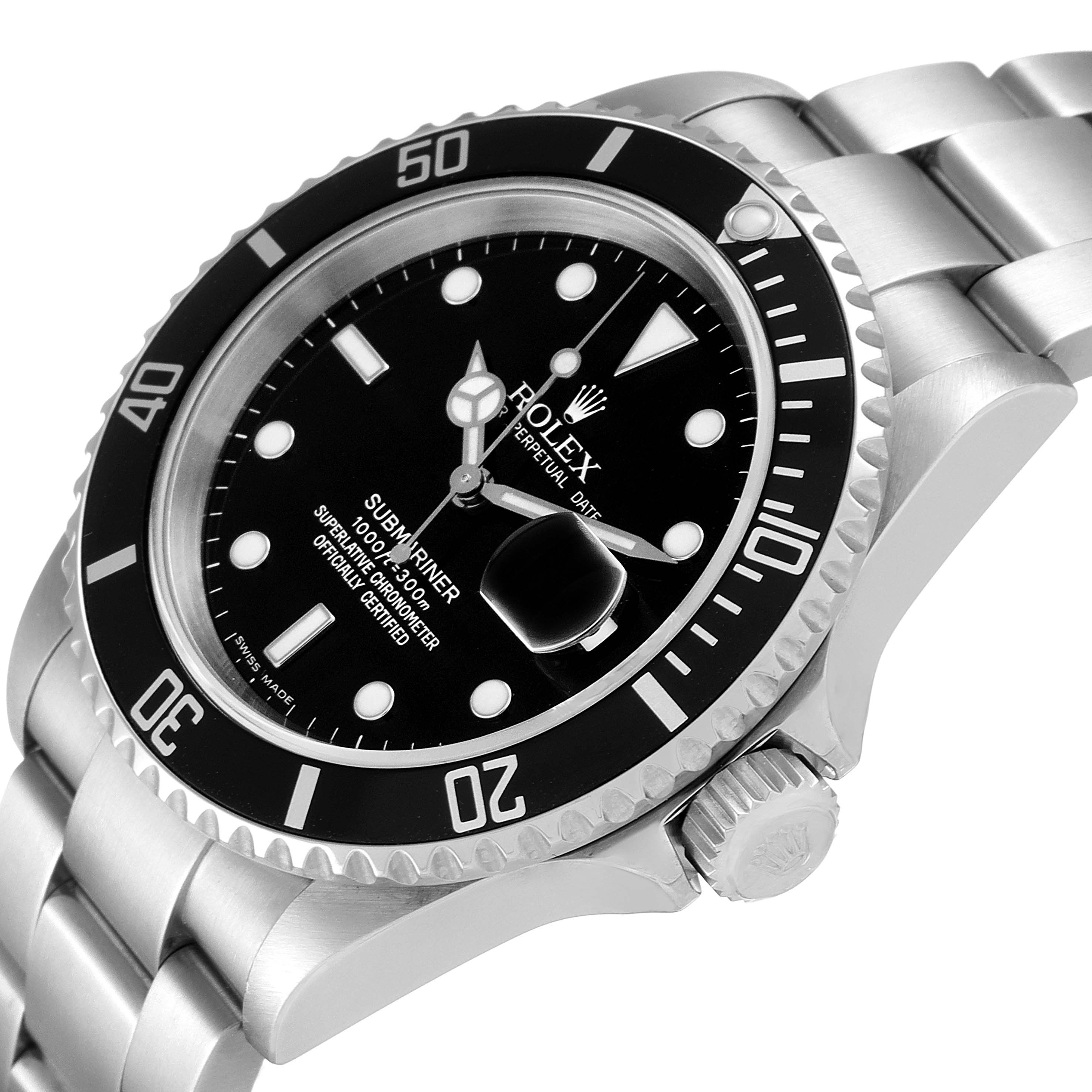 This image shows a Rolex Submariner 16610 Men
s Stainless Steel Black Dial 16610 Men
s Stainless Steel Black Dial watch at an angle highlighting its dial, bezel, crown, and part of the bracelet.