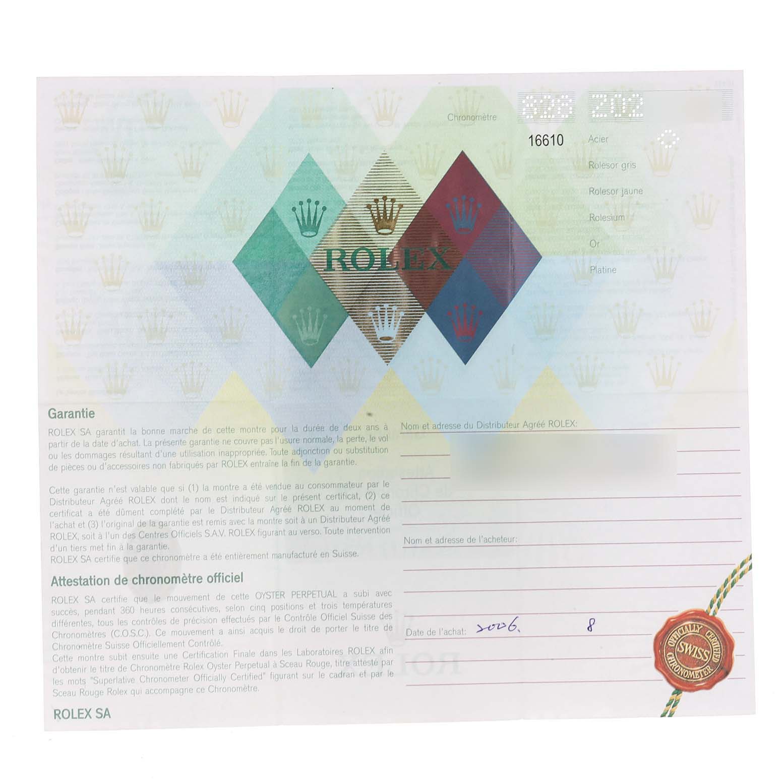 The image shows a warranty certificate for the Rolex Submariner 16610 Men
s Stainless Steel Black Dial 16610 Men
s Stainless Steel Black Dial watch, displaying text, logos, and a seal.