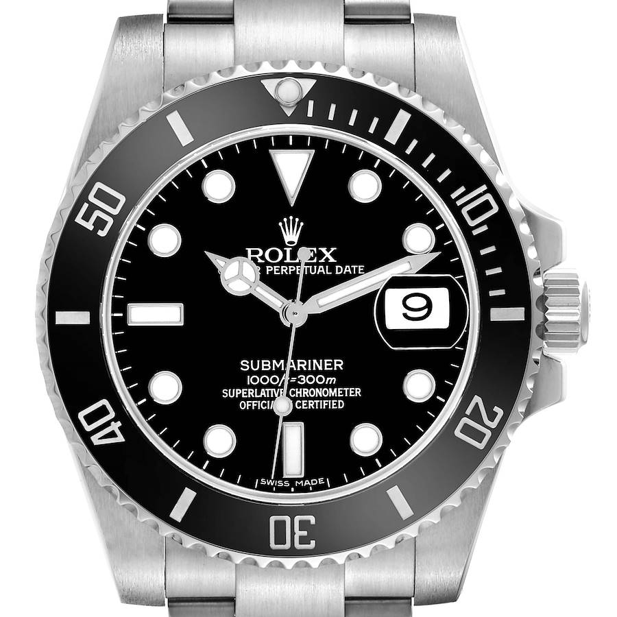 The image shows a front view of the Rolex Submariner, highlighting the dial, bezel, and date feature.