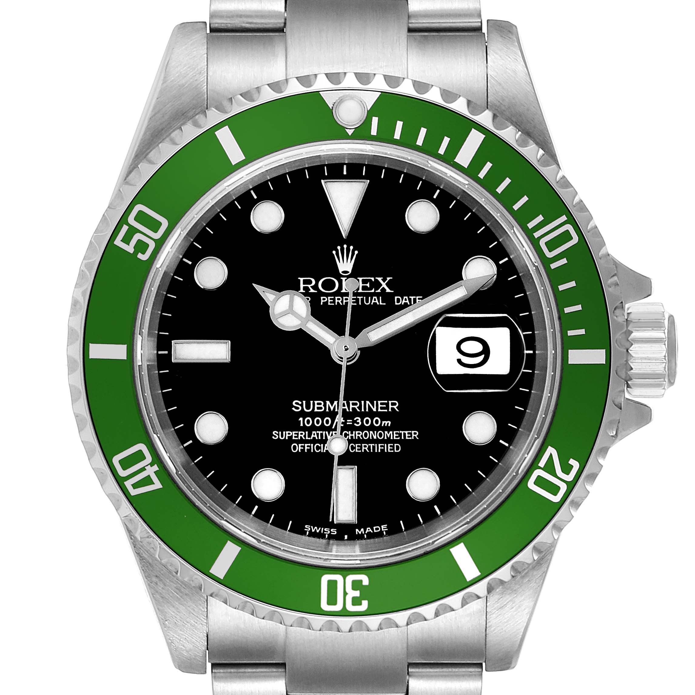 This is a front view of a Rolex Submariner 16610LV Men
s Stainless Steel Black Dial 16610LV Men
s Stainless Steel Black Dial, showing its black dial, green bezel, hands, and part of the metal bracelet.