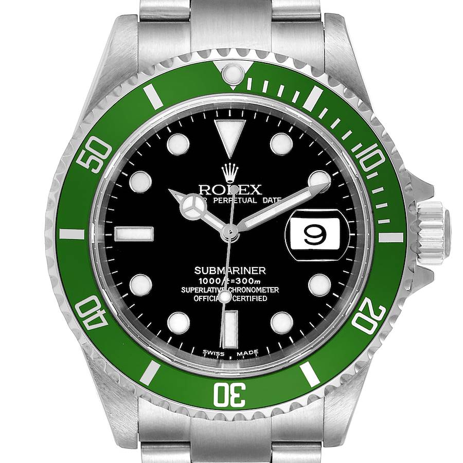 Rolex Submariner 50th Anniversary Green Bezel Flat 4 Steel Mens Watch 16610LV SwissWatchExpo