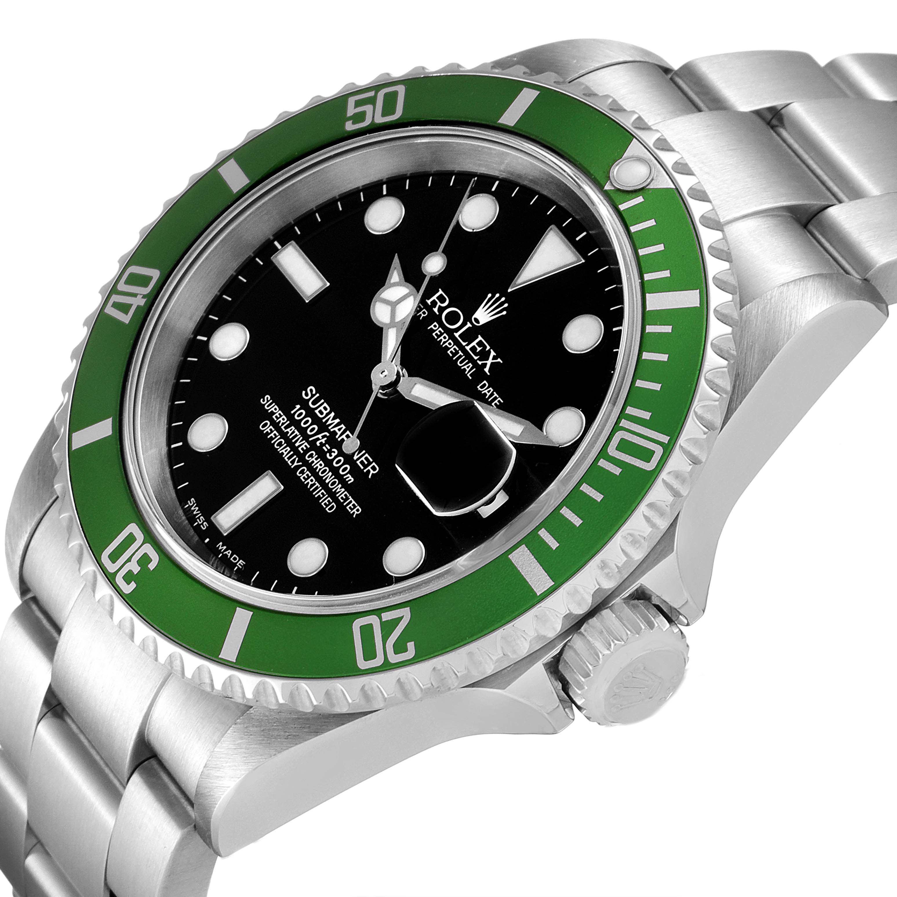 This angled view of the Rolex Submariner 16610LV Men
s Stainless Steel Black Dial 16610LV Men
s Stainless Steel Black Dial watch showcases the front dial, bezel, and part of the bracelet.