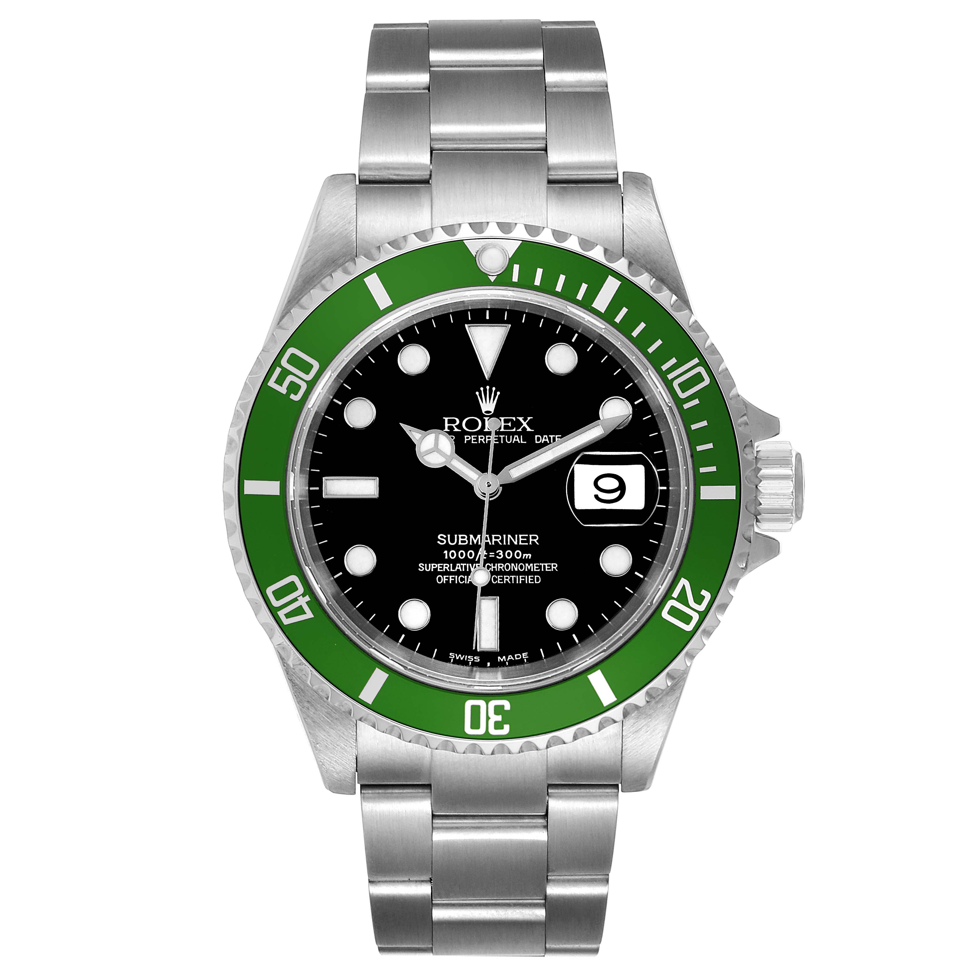 This is a front view of a Rolex Submariner 16610LV Men
s Stainless Steel Black Dial 16610LV Men
s Stainless Steel Black Dial watch, showcasing the bezel, dial, hands, and bracelet.