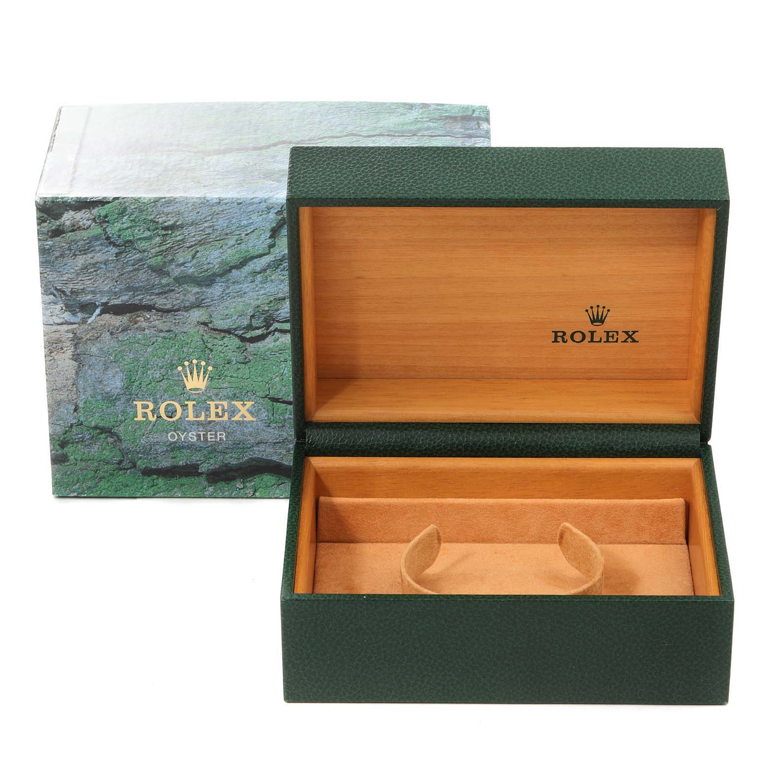 This image shows an empty Rolex Submariner 16610LV Men
s Stainless Steel Black Dial 16610LV Men
s Stainless Steel Black Dial green and wood watch box along with its outer packaging.