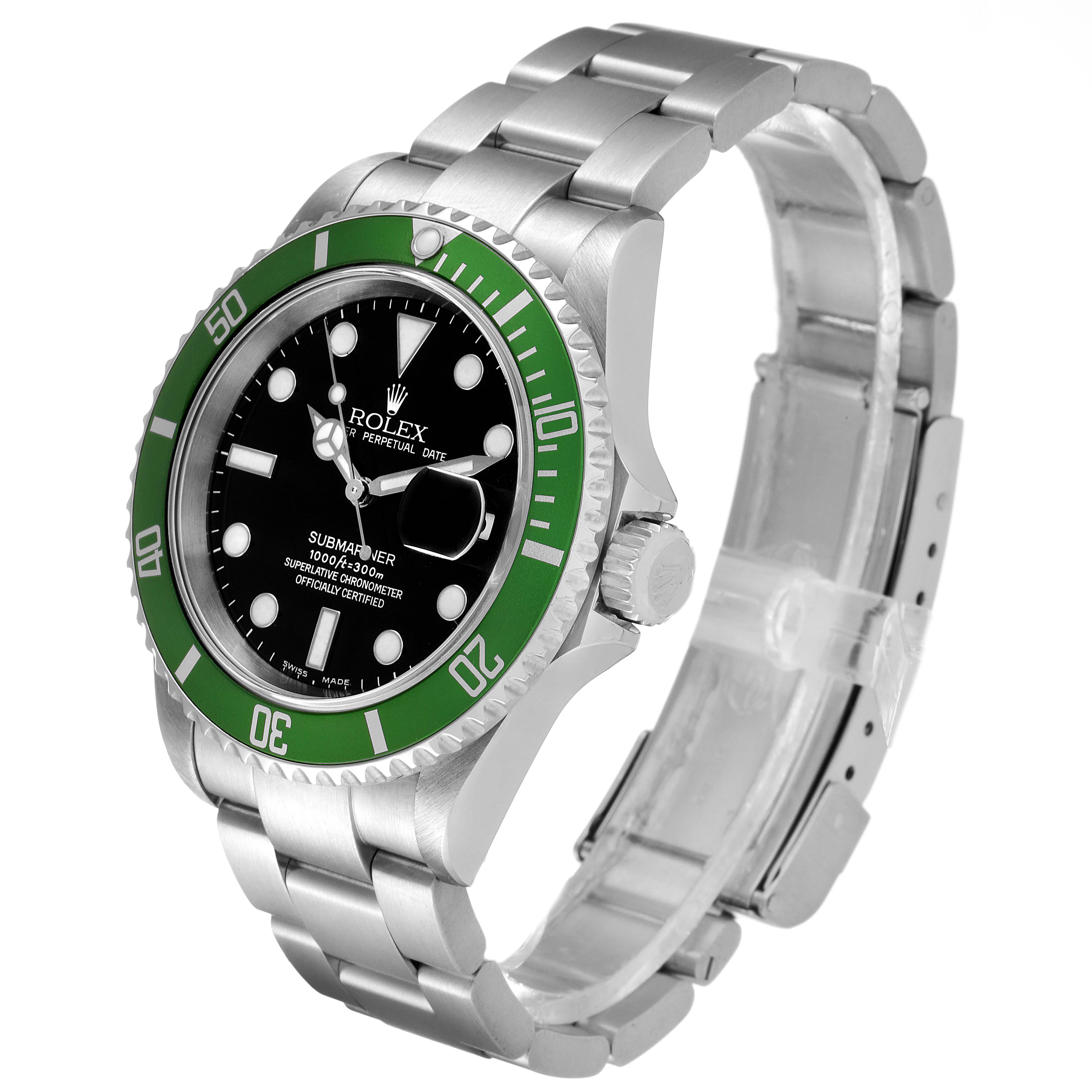 The image shows a side angle of the Rolex Submariner 16610LV Men
s Stainless Steel Black Dial 16610LV Men
s Stainless Steel Black Dial, highlighting the bezel, dial, bracelet, and crown.
