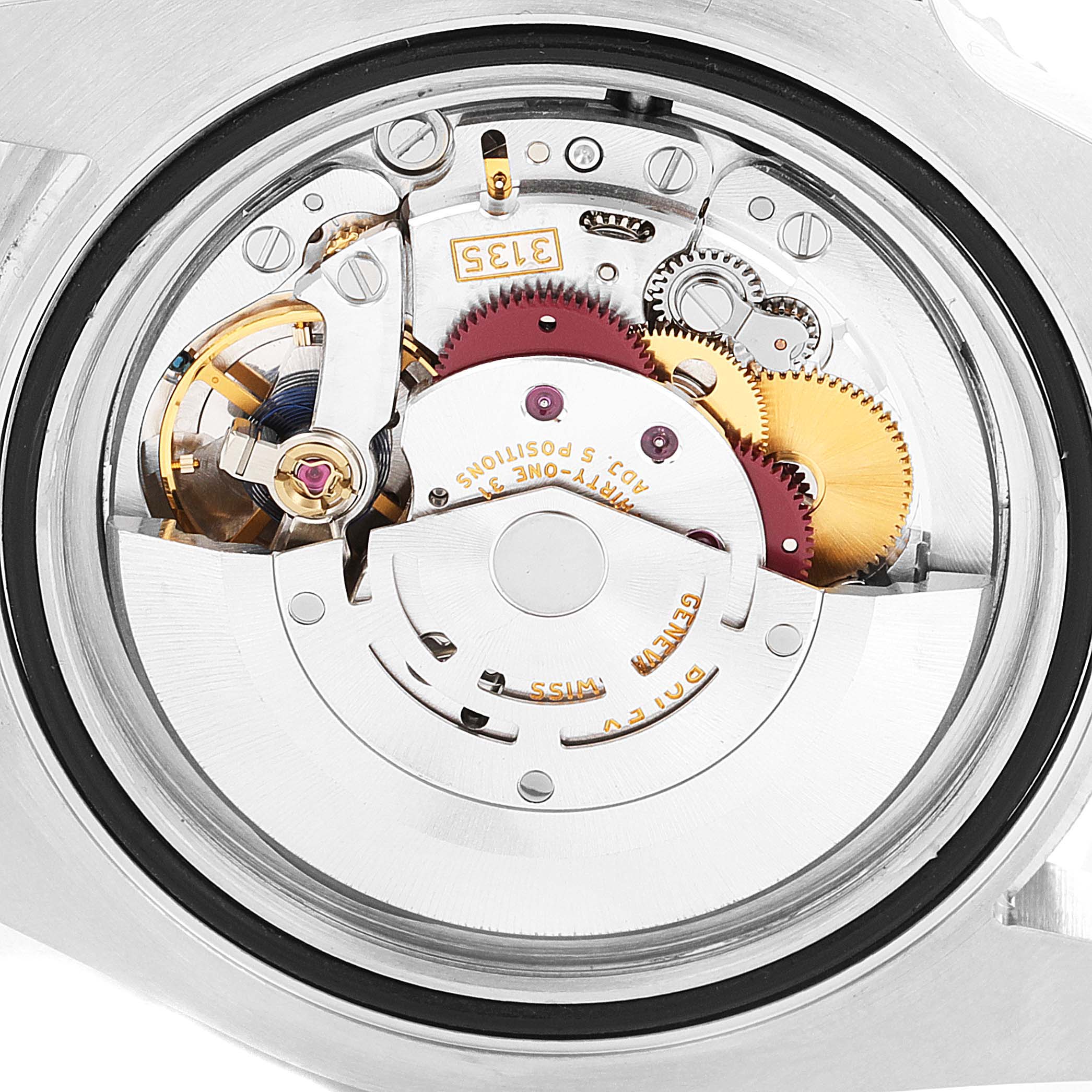 This image shows a close-up view of the Rolex Submariner 116610LV Men
s Stainless Steel Green Dial 116610LV Men
s Stainless Steel Green Dial
s internal movement and mechanical components.