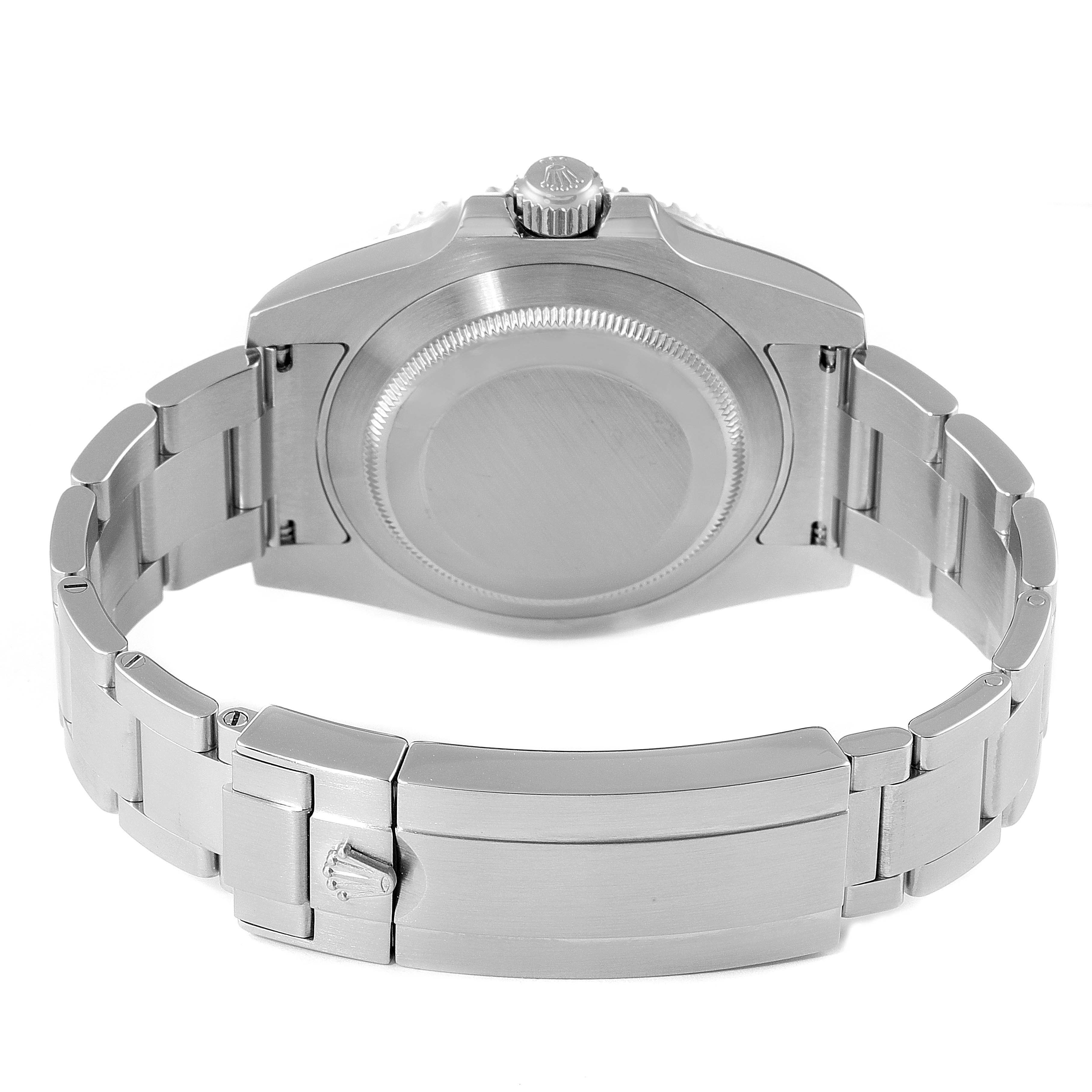 This image shows the rear angle of the Rolex Submariner 116610LV Men
s Stainless Steel Green Dial 116610LV Men
s Stainless Steel Green Dial watch, featuring its case back, crown, and bracelet with clasp.