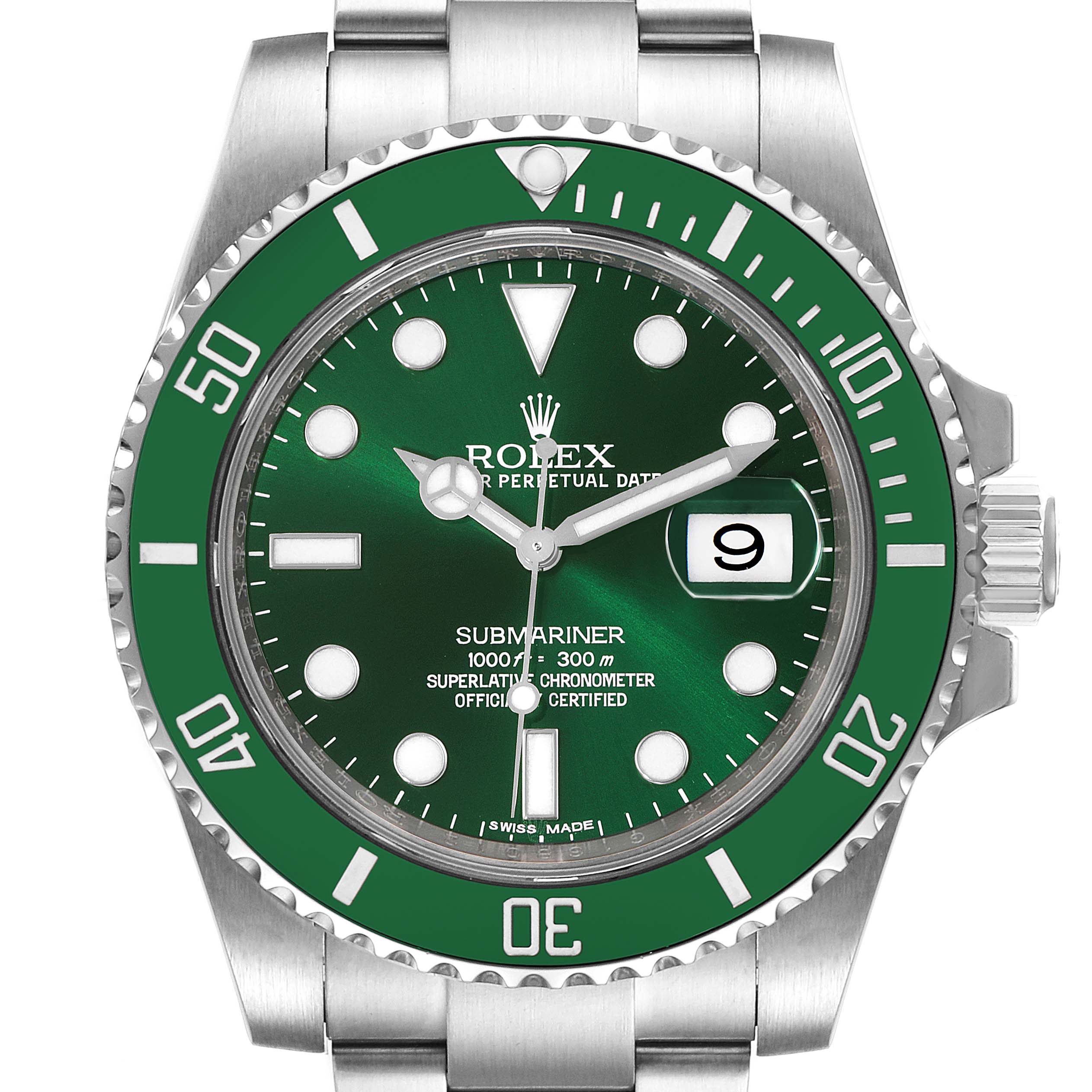 The image shows a front view of a Rolex Submariner 116610LV Men
s Stainless Steel Green Dial 116610LV Men
s Stainless Steel Green Dial, highlighting its green dial, bezel, and part of the bracelet.