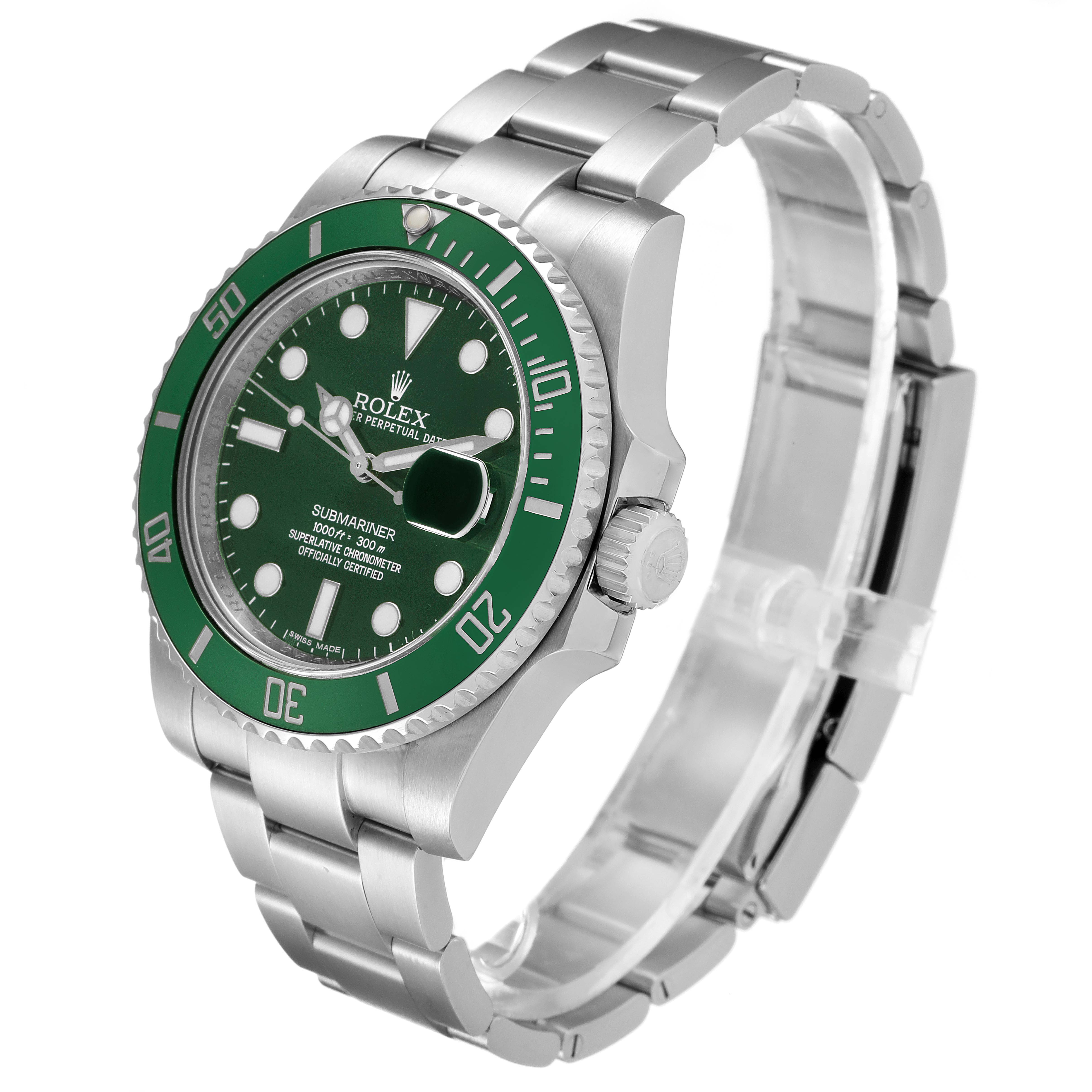 The image displays a Rolex Submariner 116610LV Men
s Stainless Steel Green Dial 116610LV Men
s Stainless Steel Green Dial watch at a slight angle, showcasing the face, bezel, crown, and bracelet.