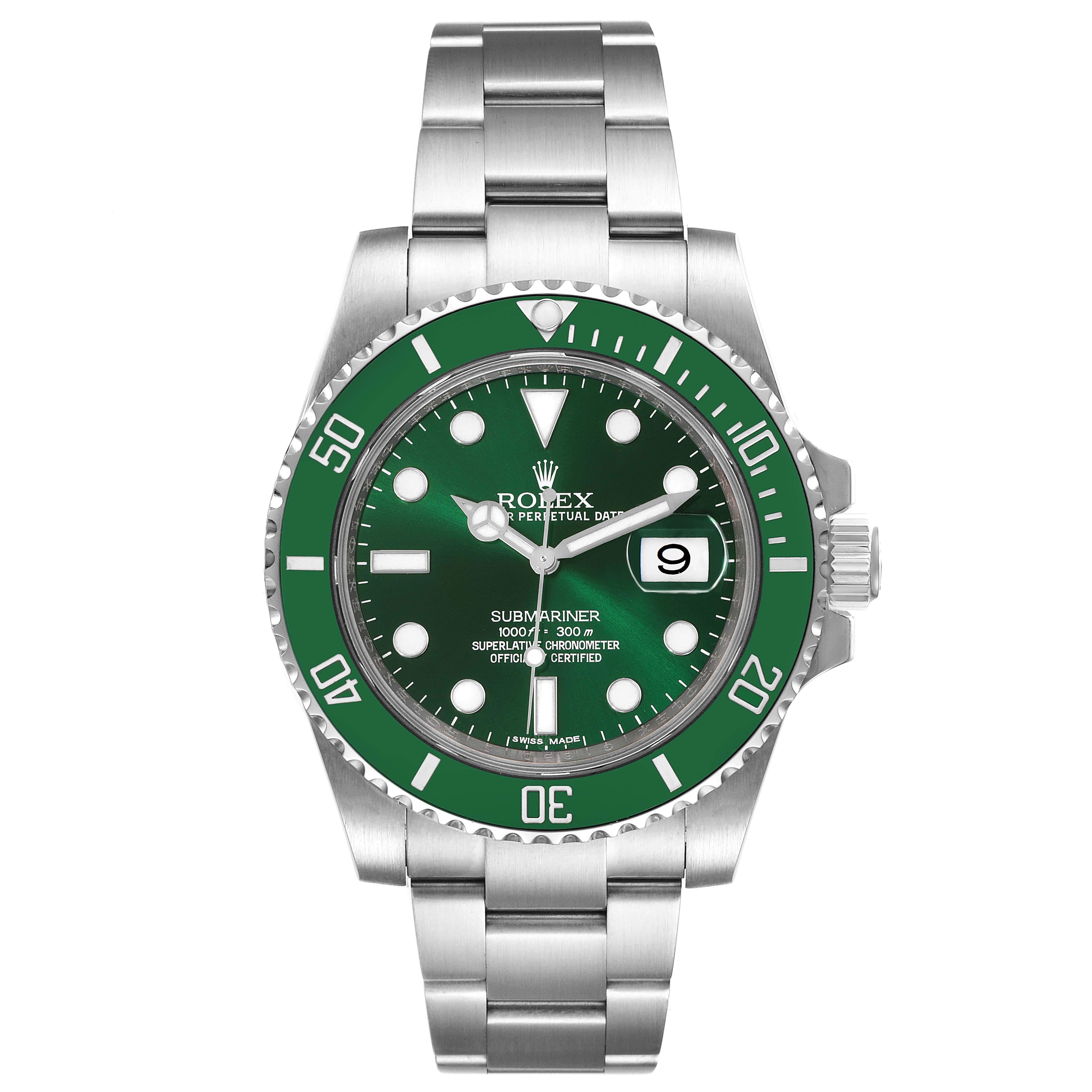 This image shows a front view of a Rolex Submariner 116610LV Men
s Stainless Steel Green Dial 116610LV Men
s Stainless Steel Green Dial watch, highlighting its green dial, bezel, and stainless steel bracelet.