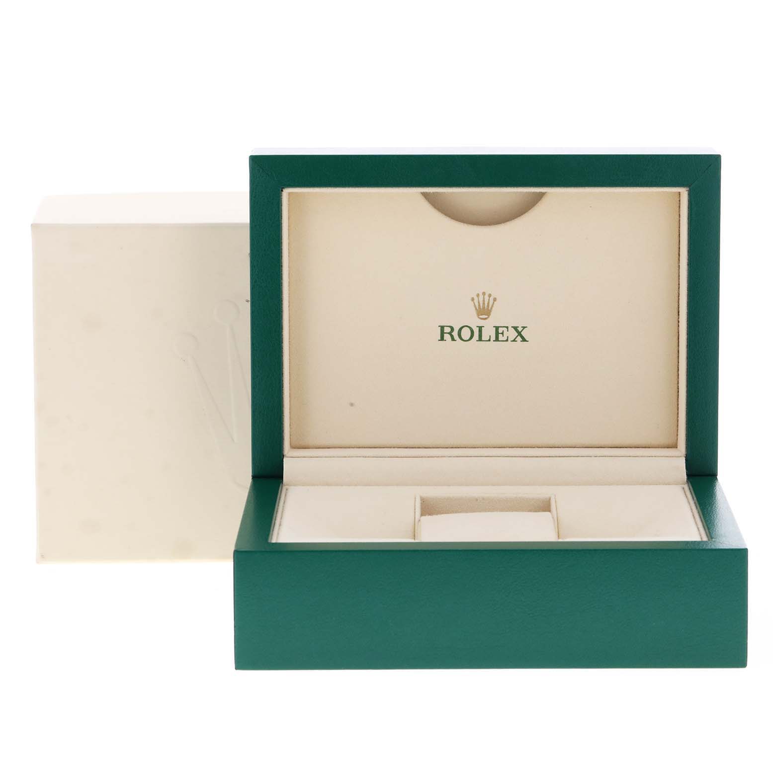 The image shows an open box for a Rolex Submariner 116610LV Men
s Stainless Steel Green Dial 116610LV Men
s Stainless Steel Green Dial watch, displaying the interior compartments and brand logo.