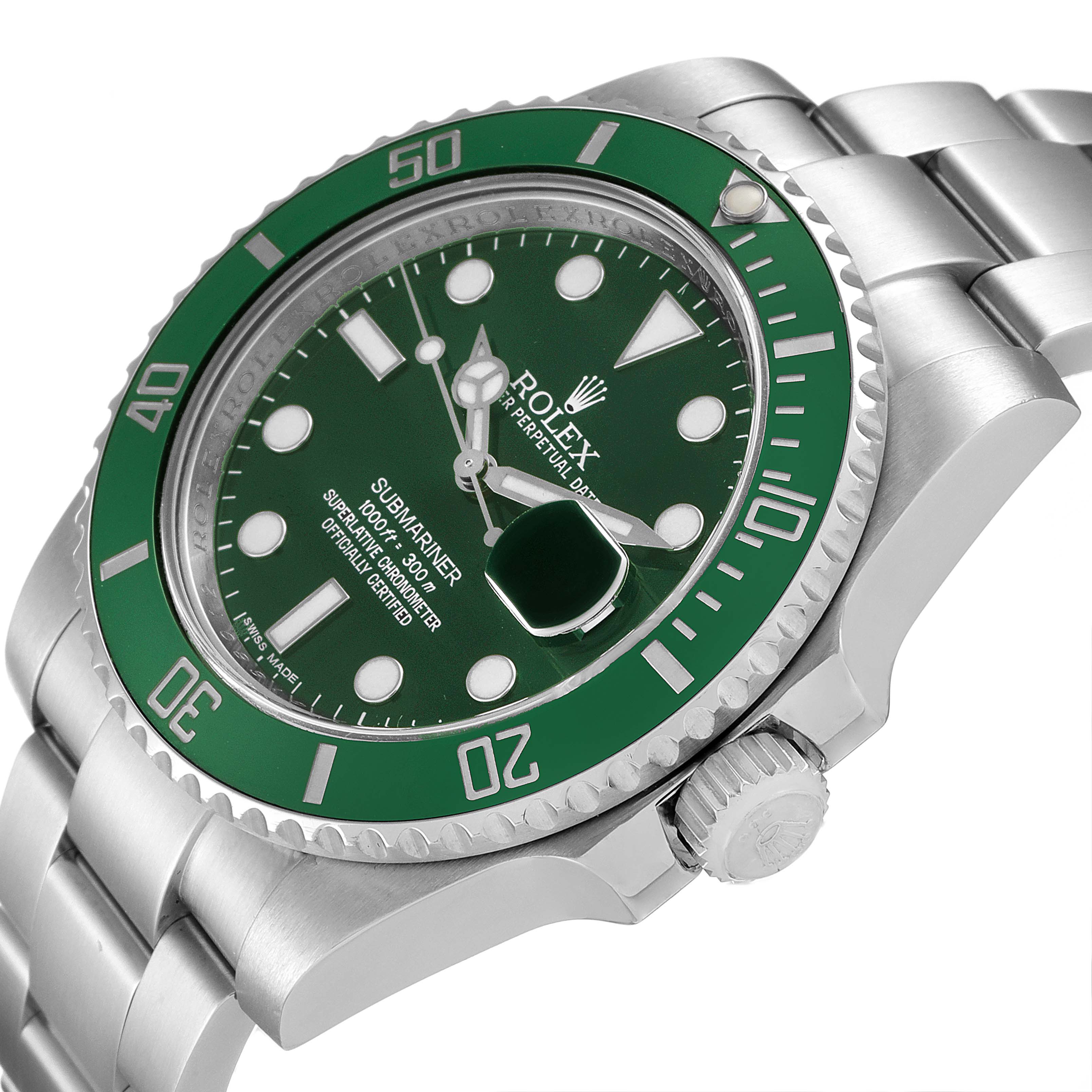 The image shows a Rolex Submariner 116610LV Men
s Stainless Steel Green Dial 116610LV Men
s Stainless Steel Green Dial watch at a three-quarter angle, highlighting the green bezel, dial, and part of the band.