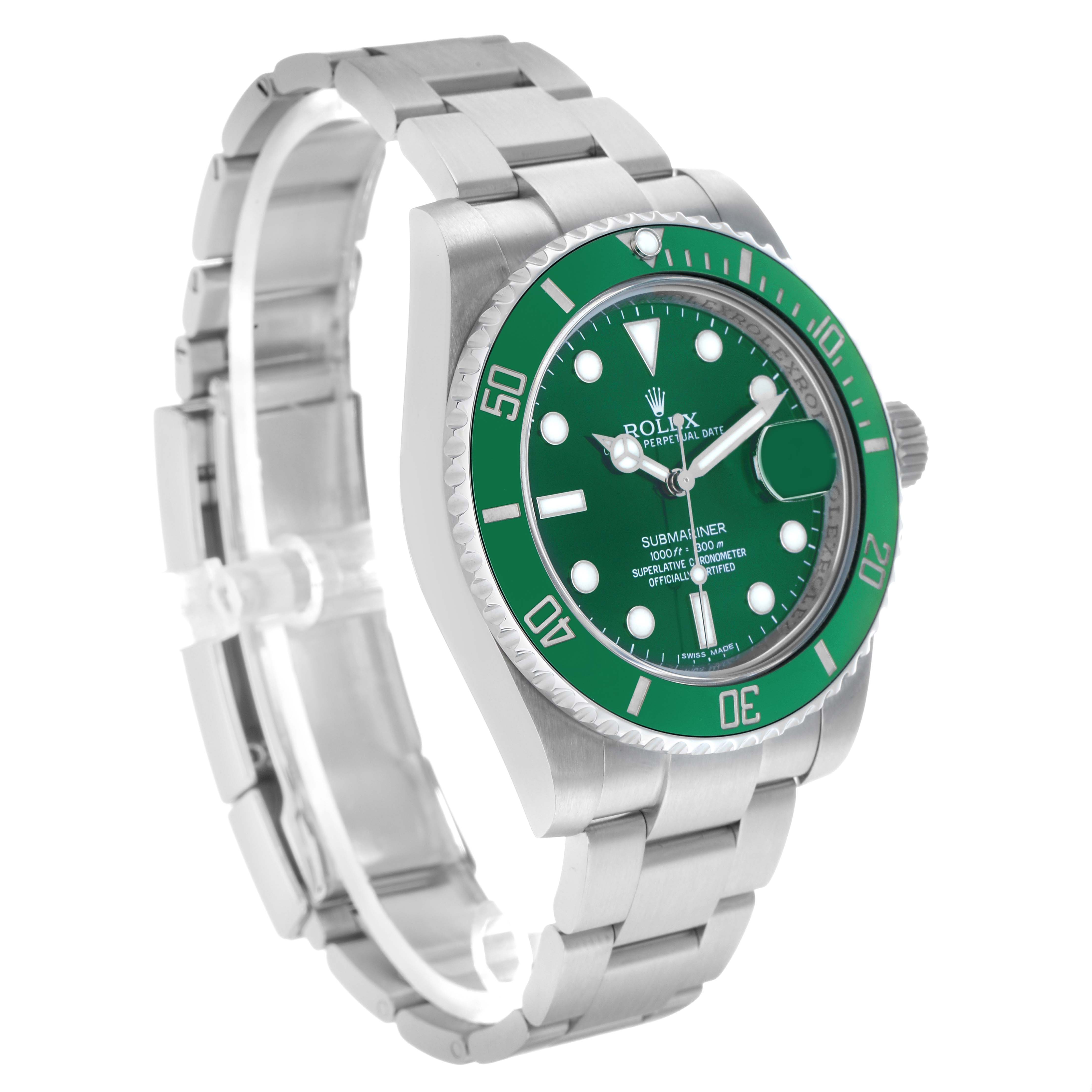 The Rolex Submariner 116610LV Men's Stainless Steel Green Dial watch is shown at an angled side view, displaying the bracelet, green bezel, and dial.