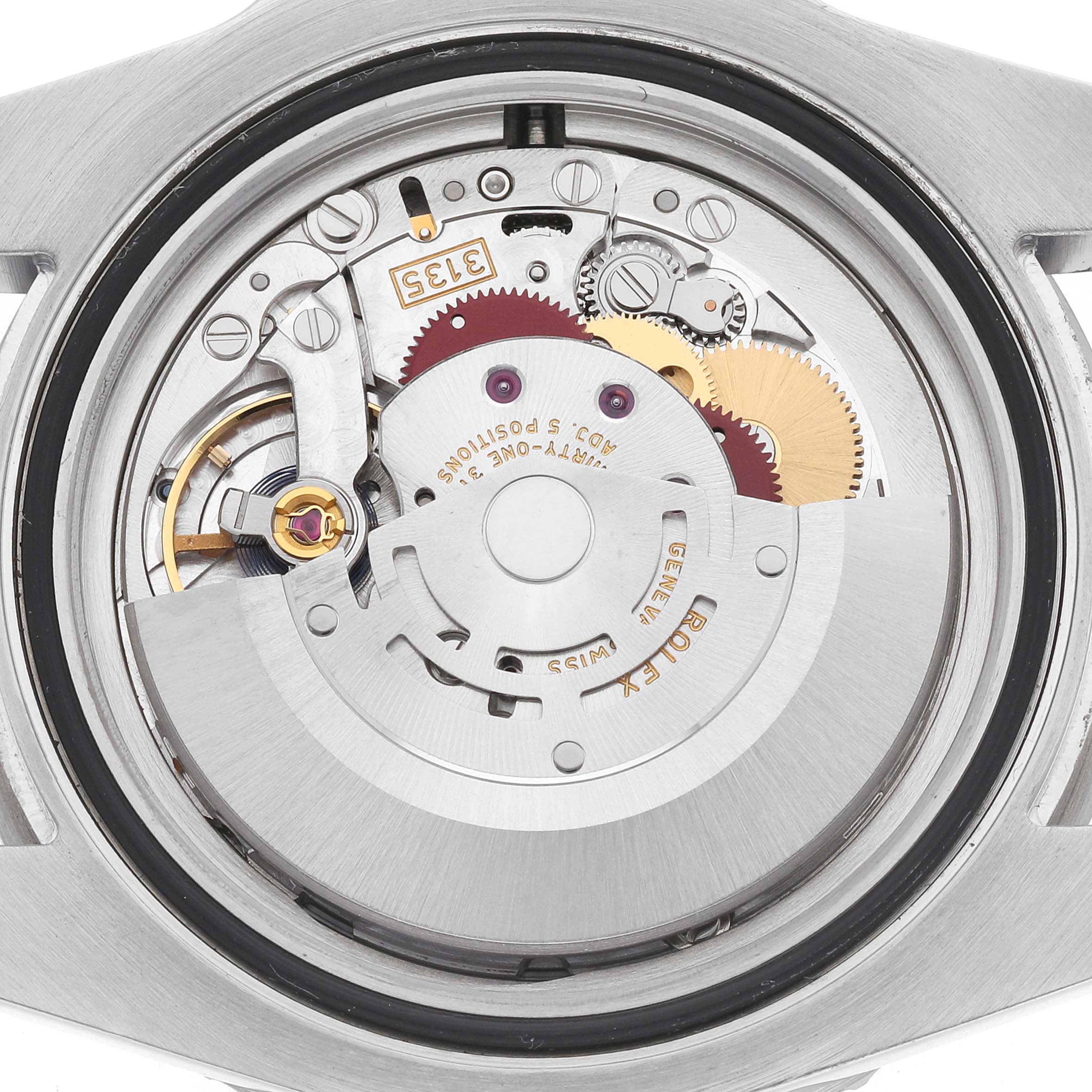 The image shows the back view of the Rolex Submariner 116610LV Men's Stainless Steel Green Dial, highlighting its intricate mechanical movement.