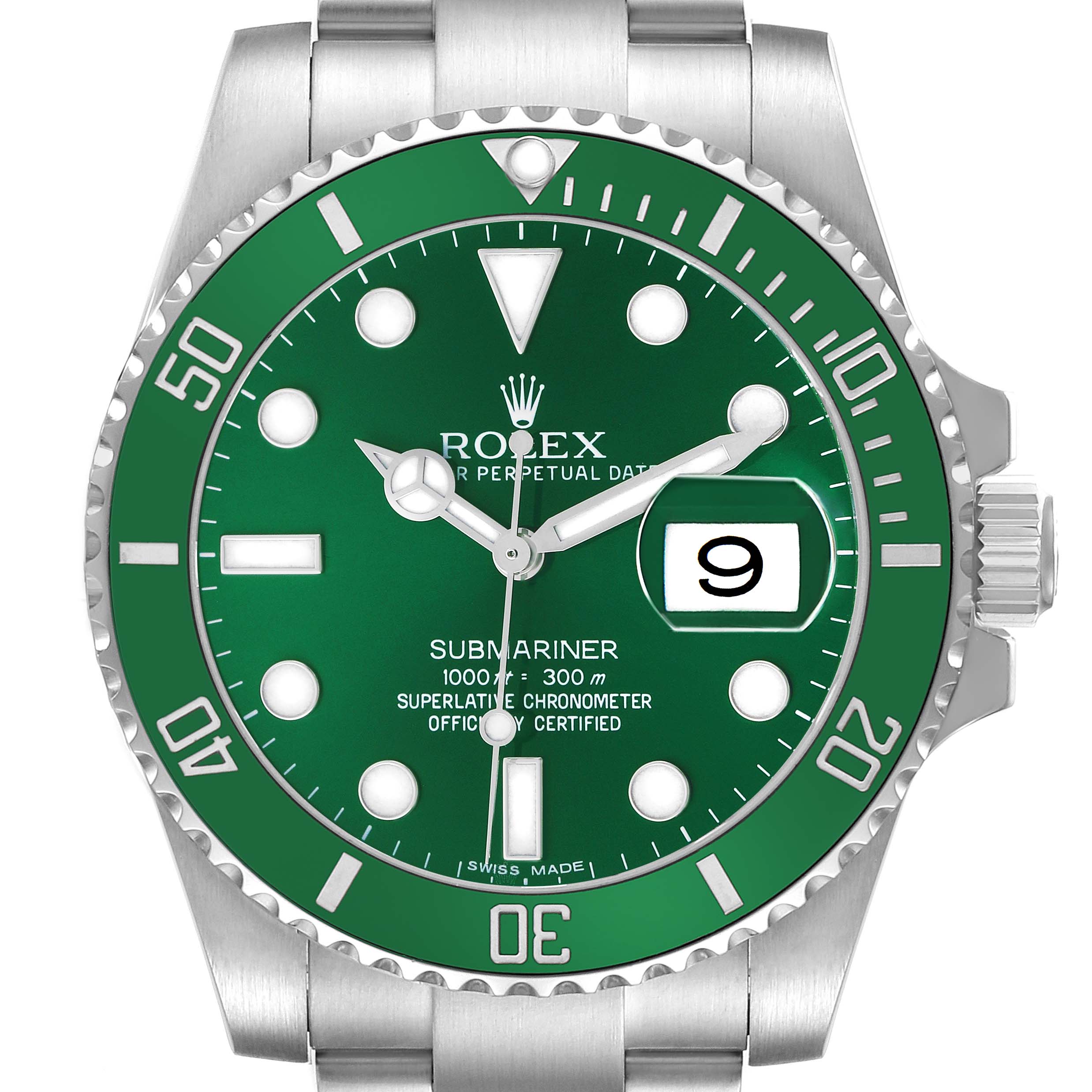The Rolex Submariner 116610LV Men's Stainless Steel Green Dial watch is shown from a front angle, displaying its green dial, bezel, and date feature clearly.