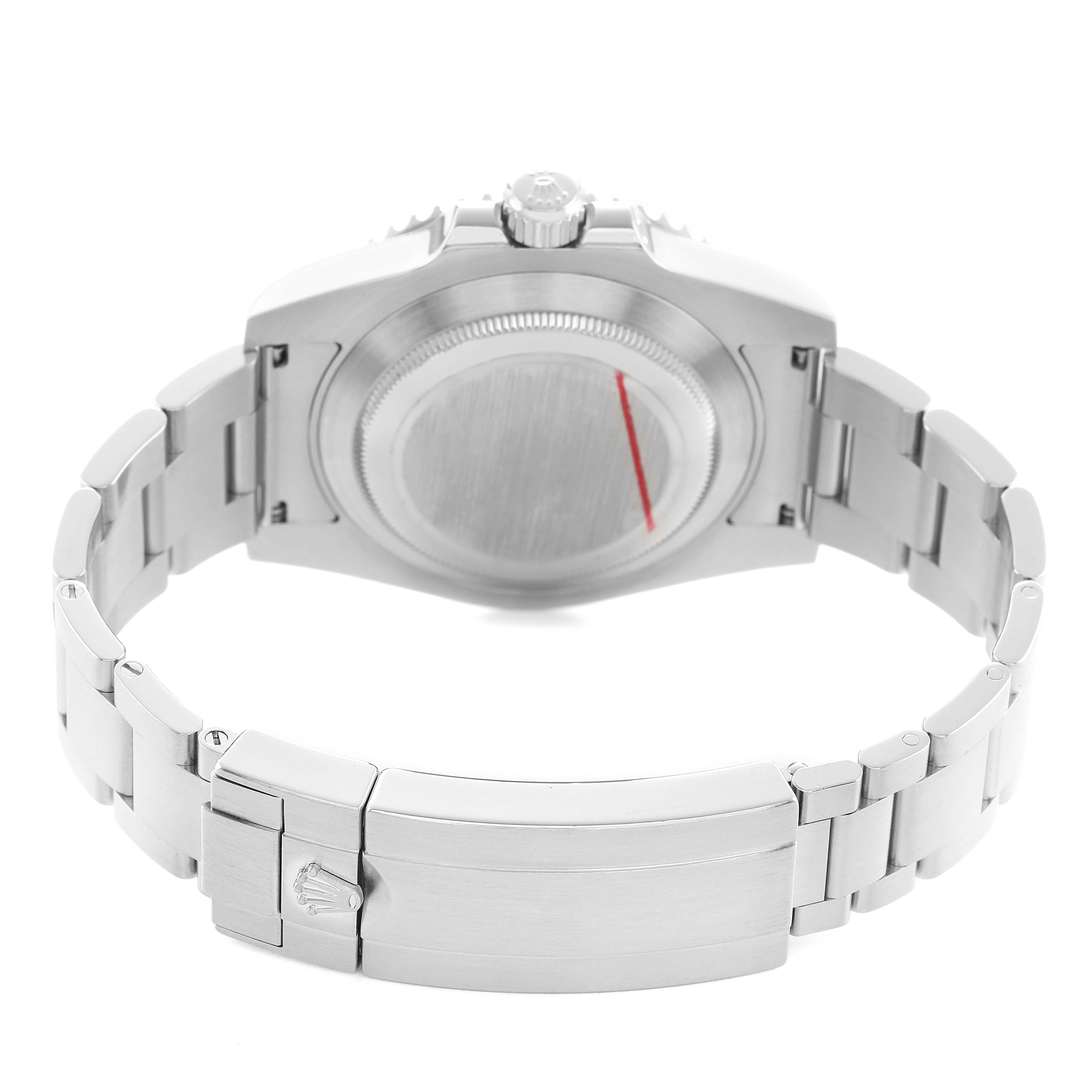 The image shows the back of a Rolex Submariner 116610LV Men's Stainless Steel Green Dial, highlighting the clasp and bracelet.