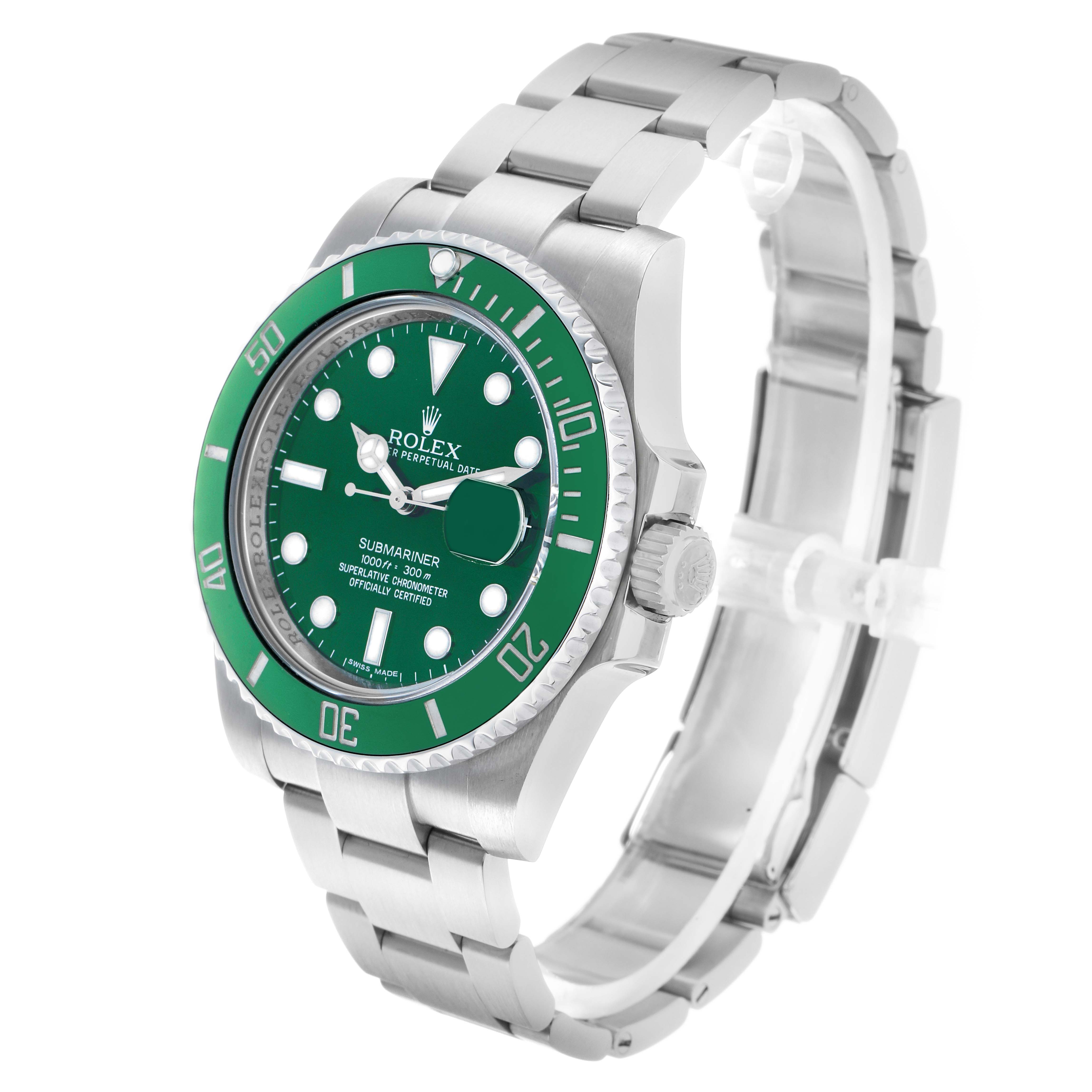 The Rolex Submariner 116610LV Men's Stainless Steel Green Dial watch is shown at a three-quarter angle, displaying its face, bezel, and bracelet.
