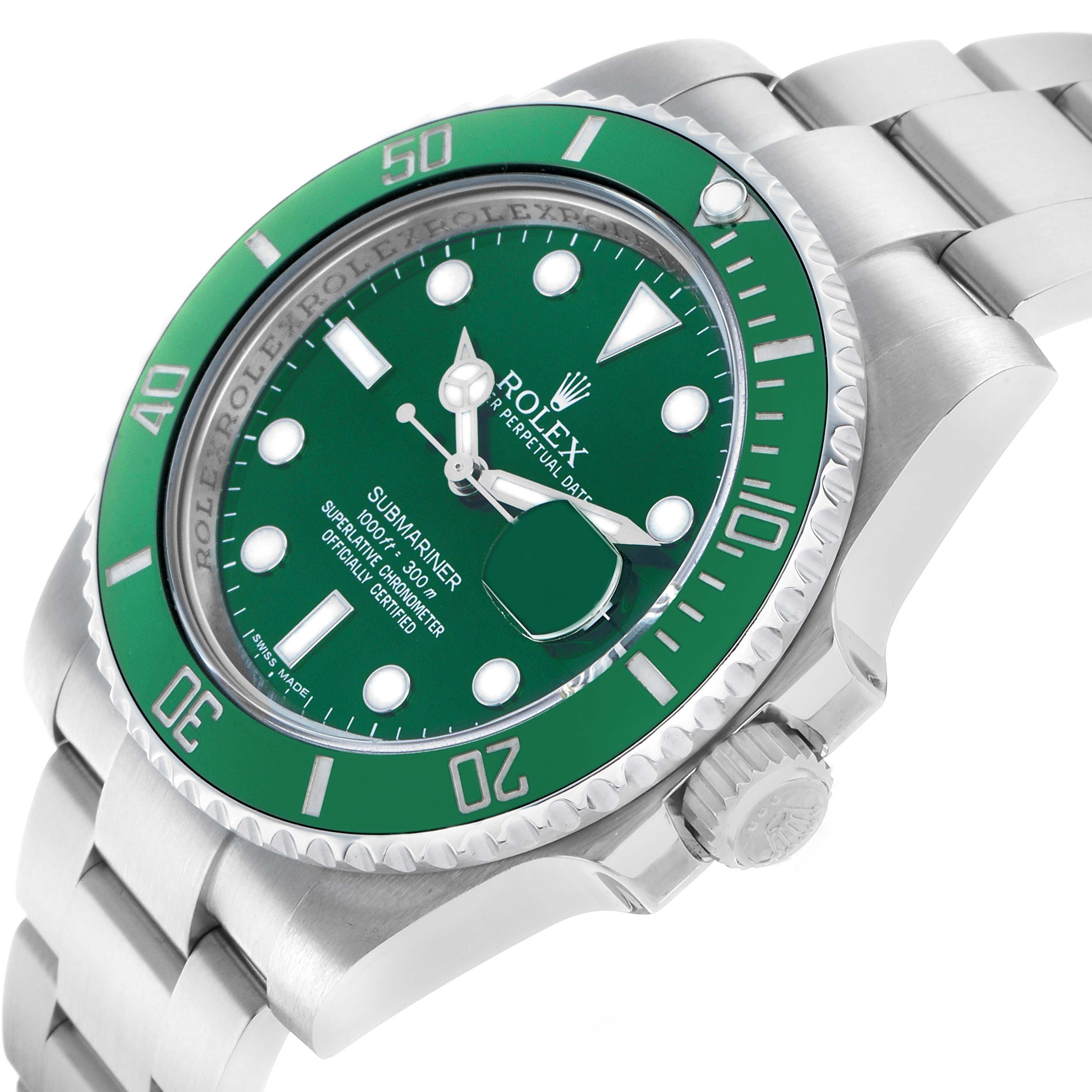 The Rolex Submariner 116610LV Men's Stainless Steel Green Dial watch is shown at a three-quarter angle, highlighting the green bezel, dial, crown, and part of the bracelet.