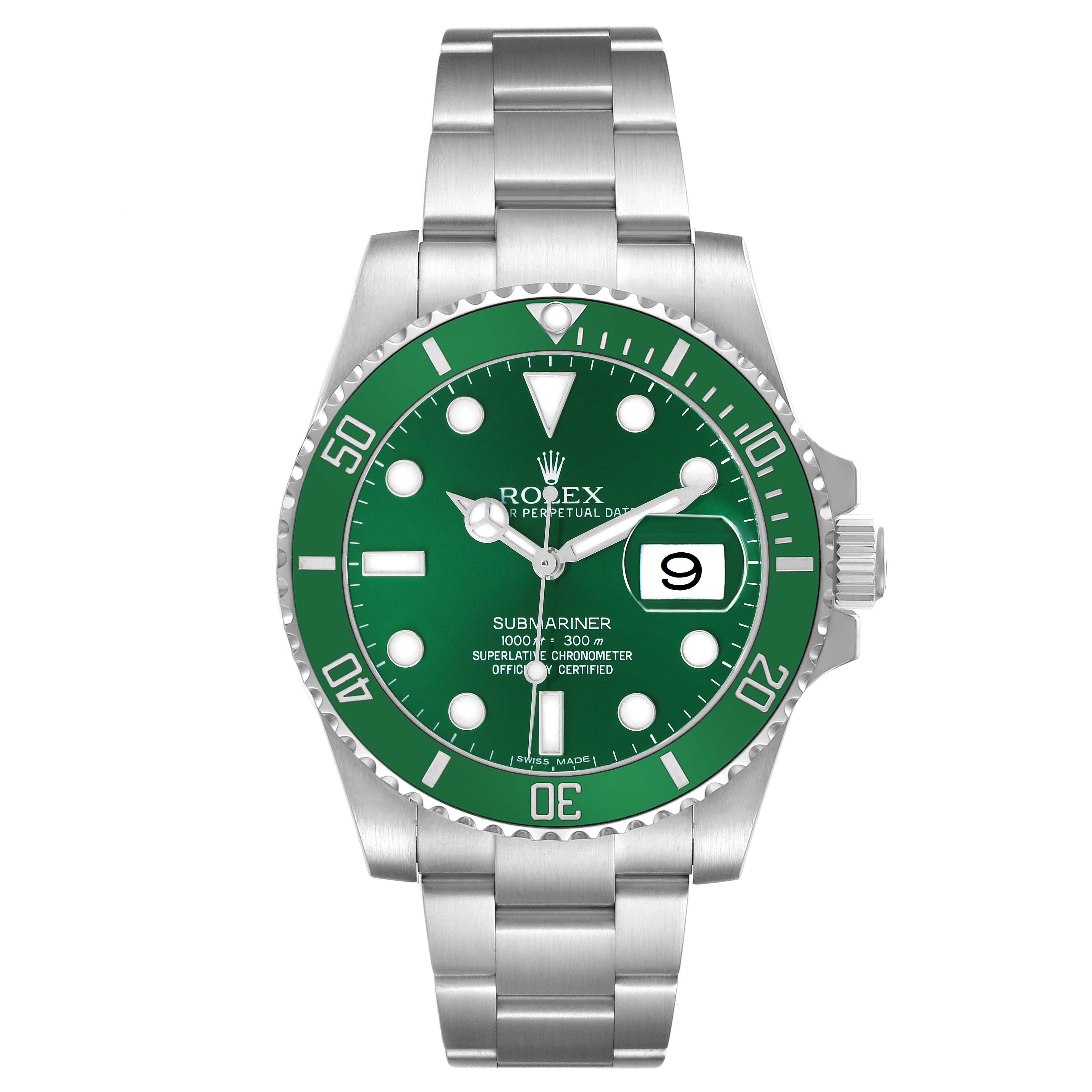 The Rolex Submariner 116610LV Men's Stainless Steel Green Dial watch is shown from the front, featuring a green dial, bezel, and stainless steel bracelet.
