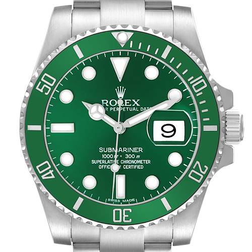 The Rolex Submariner 116610LV Men's Stainless Steel Green Dial watch is shown from the front, highlighting the green dial, bezel, hands, and date window.