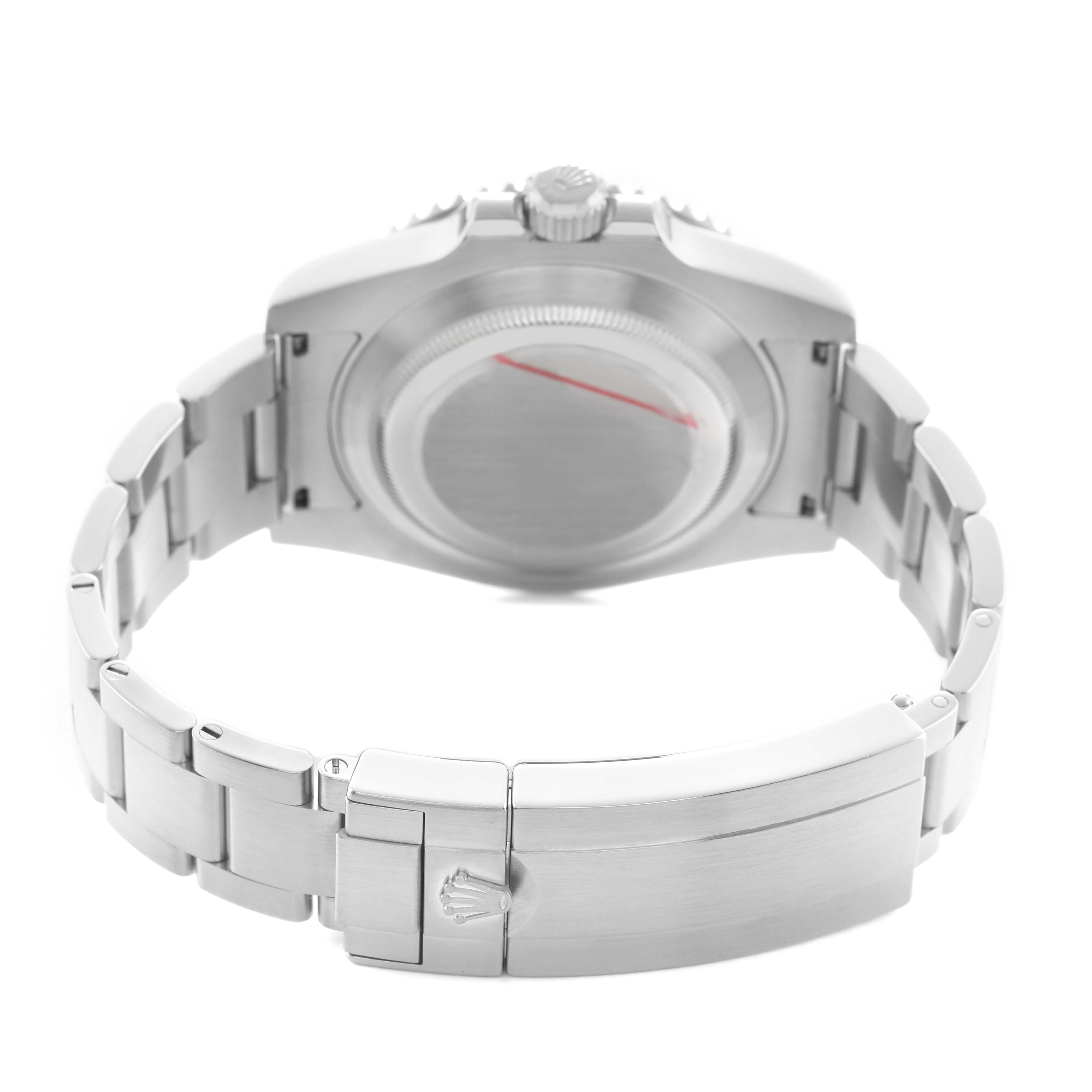 The image shows the back of a Rolex Submariner 116610LV Men's Stainless Steel Green Dial, highlighting the bracelet, clasp, and case back from a rear angle.