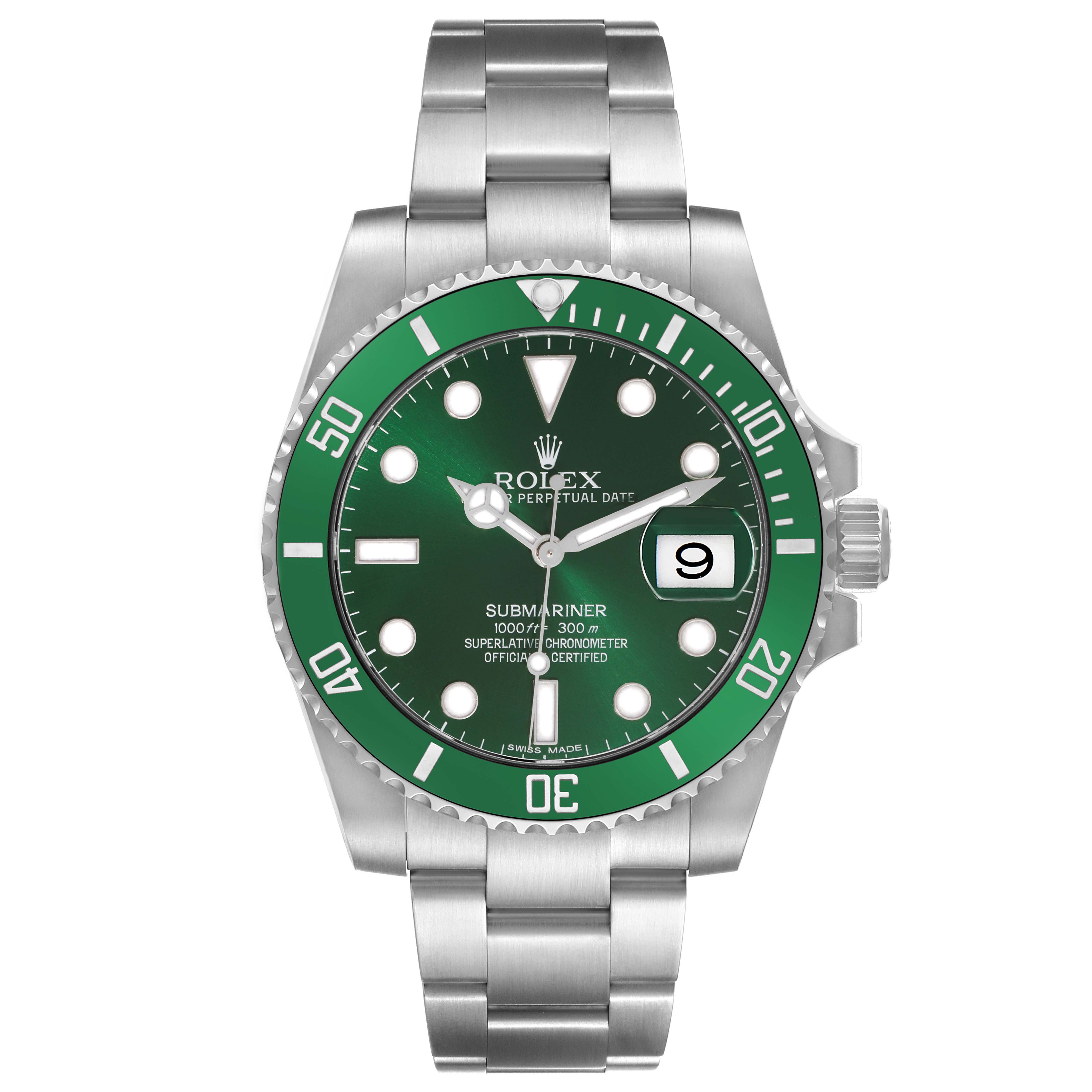 The image shows a frontal view of a Rolex Submariner 116610LV Men's Stainless Steel Green Dial watch, highlighting its green bezel, dial, case, and metal bracelet.